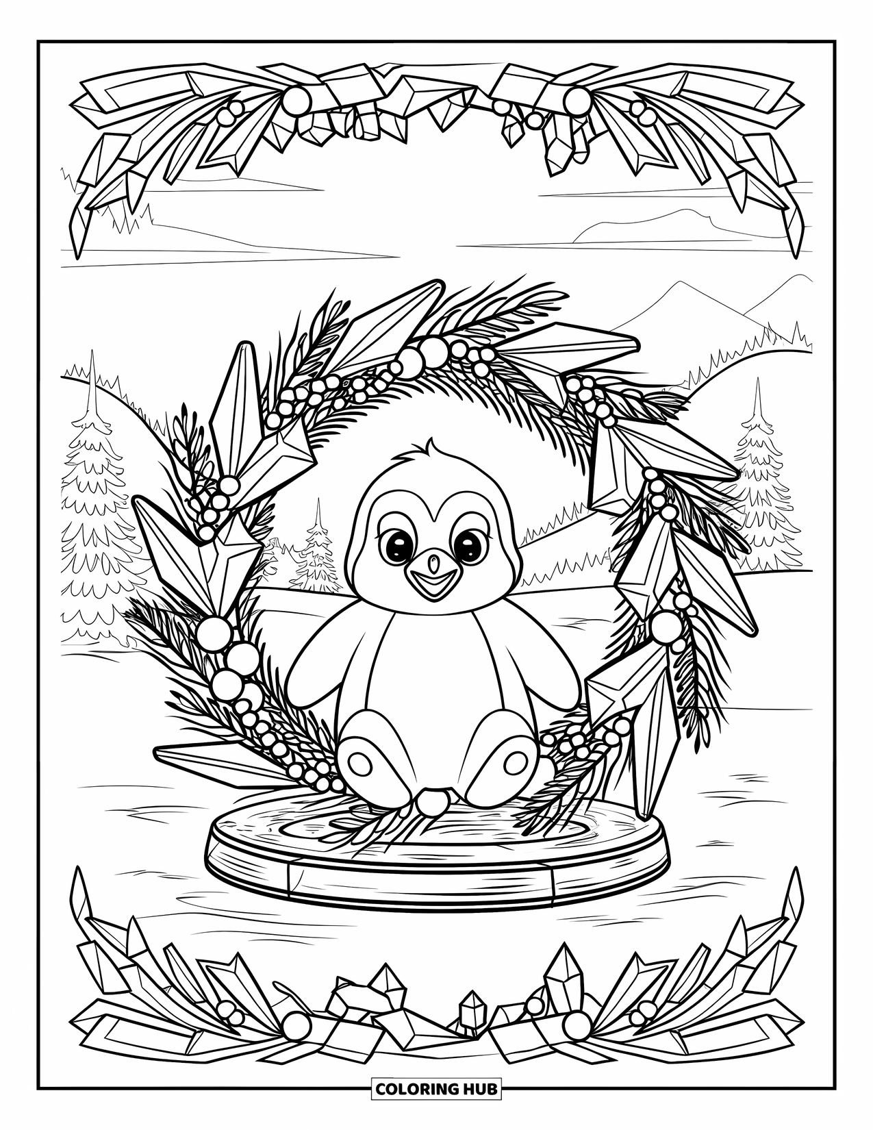 Kolorowanka dla dorosłych: Mały pingwinek otoczony misternie zaprojektowanym wieńcem, z spokojnym zimowym krajobrazem w tle