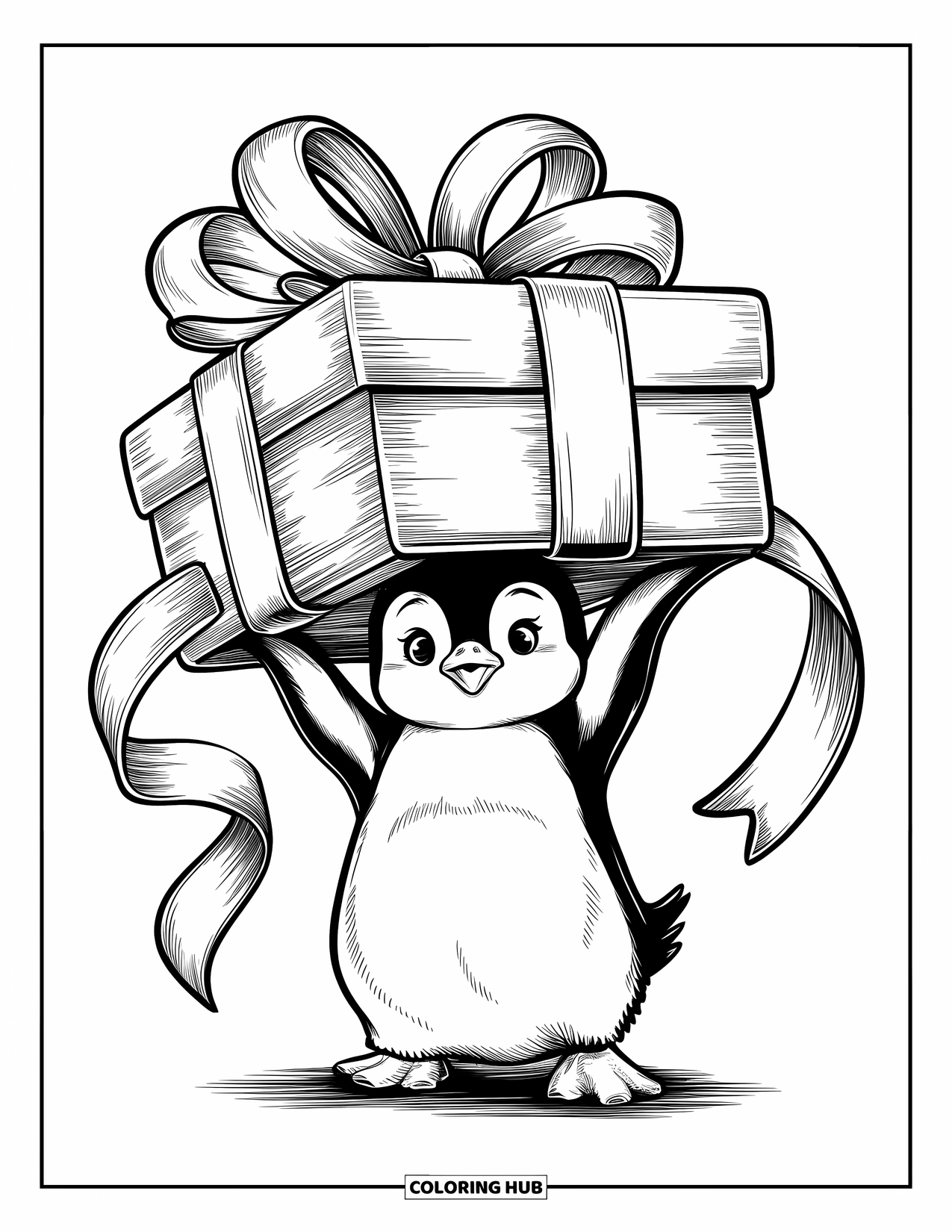 Kolorowanka dla dorosłych: Mały pingwinek trzyma duży zapakowany prezent, a jego małe płetwy chwytają dużą kokardę