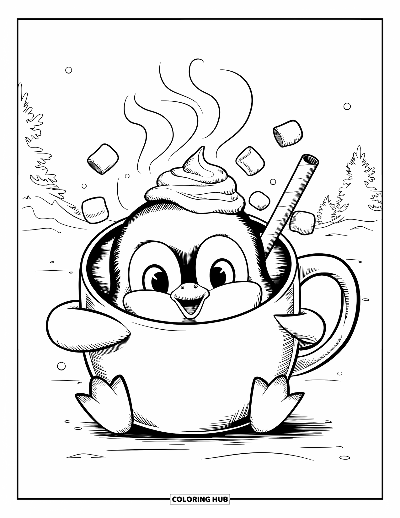 Kolorowanka dla dorosłych: Mały pingwinek trzyma parujący kubek, otoczony pływającymi piankami w śnieżnym krajobrazie