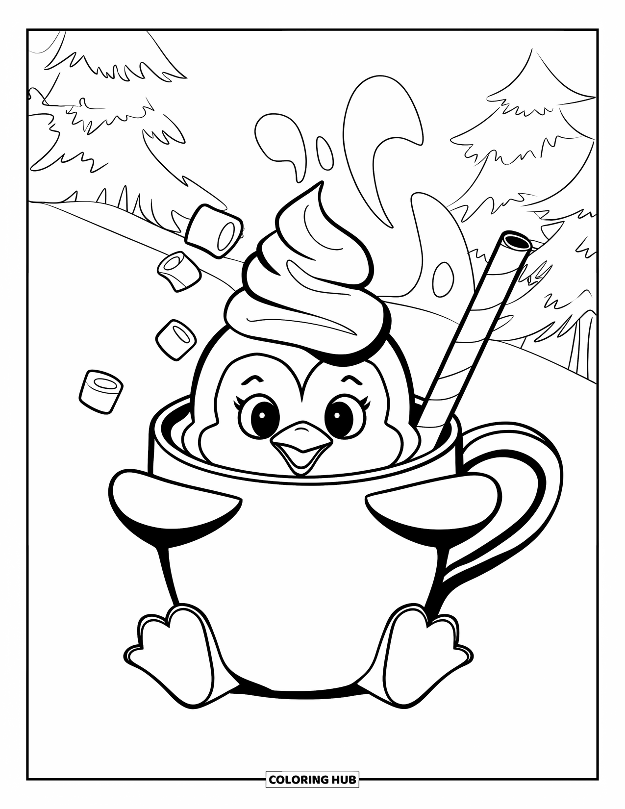 Kolorowanka dla dorosłych: Mały pingwinek przytula ciepły kubek z bitą śmietaną, siedząc w przytulnej zimowej scenerii