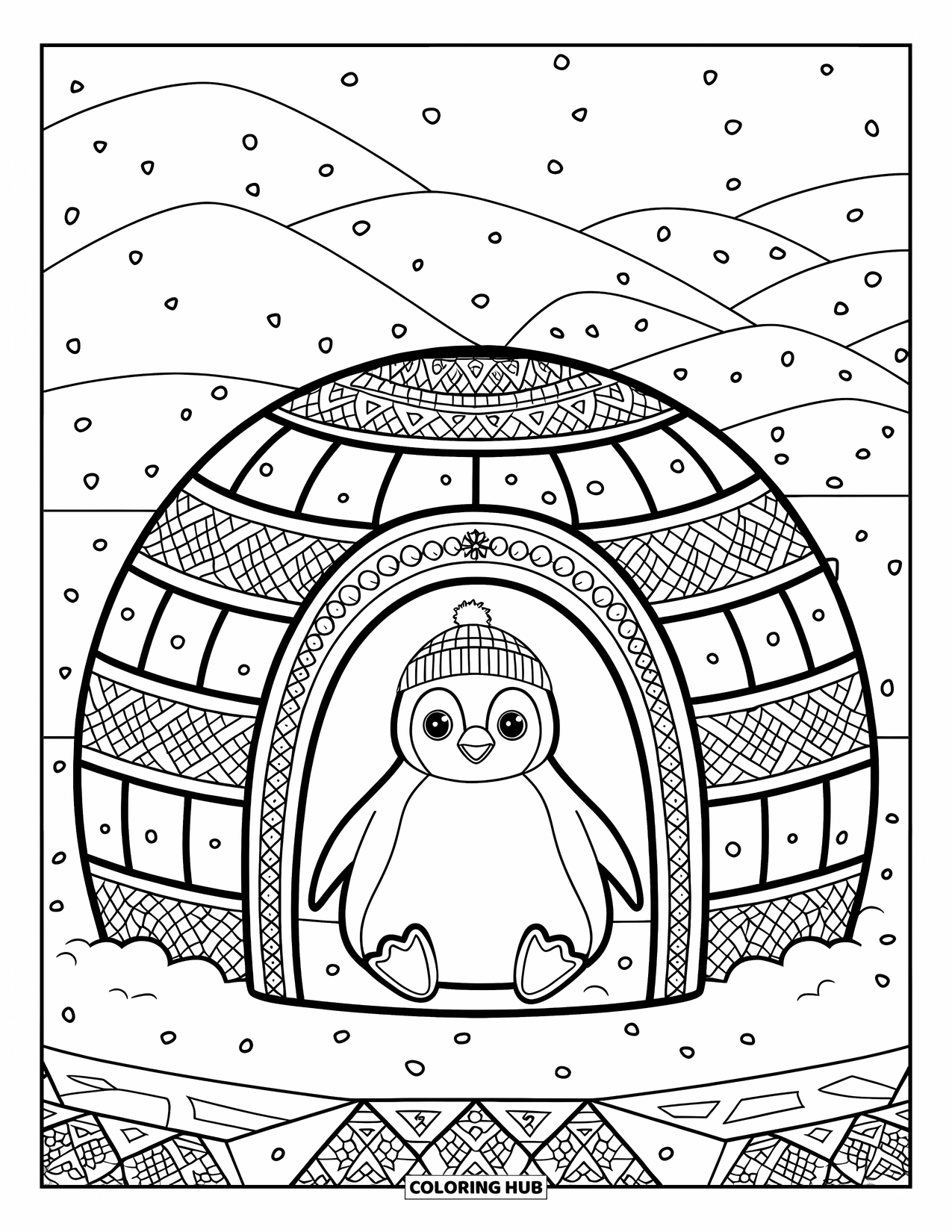 Kolorowanka dla dorosłych: Mały pingwinek wewnątrz igloo z delikatnymi lodowymi wzorami, siedzi pod zimowym niebem