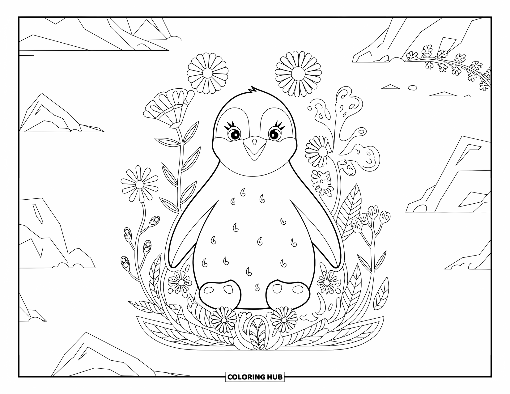 Kolorowanka dla dorosłych: Mały pingwinek wtulony wśród arktycznych roślin i kwiatów w spokojnym śnieżnym krajobrazie