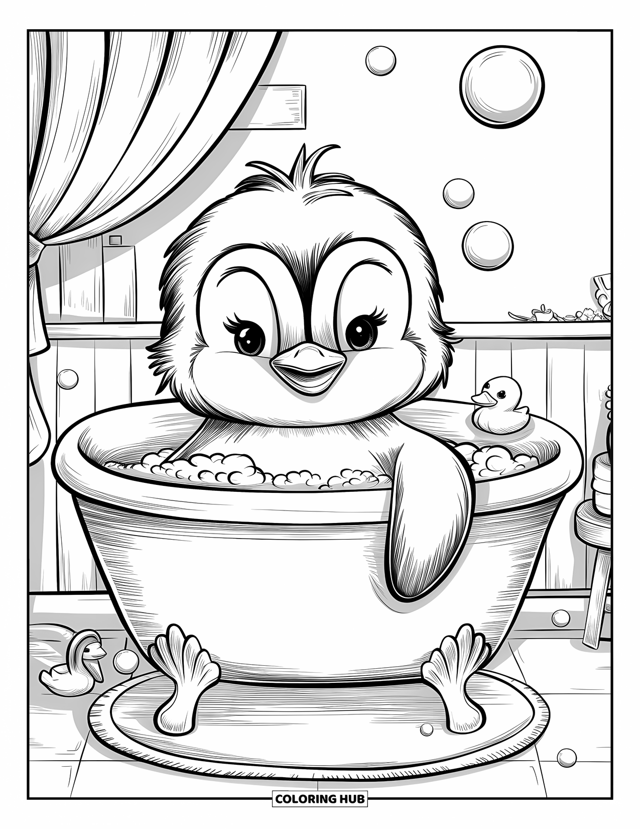 Kolorowanka dla dorosłych: Mały pingwinek relaksuje się w wannie, wokół pływają maleńkie bąbelki, a obok dryfuje gumowa kaczuszka