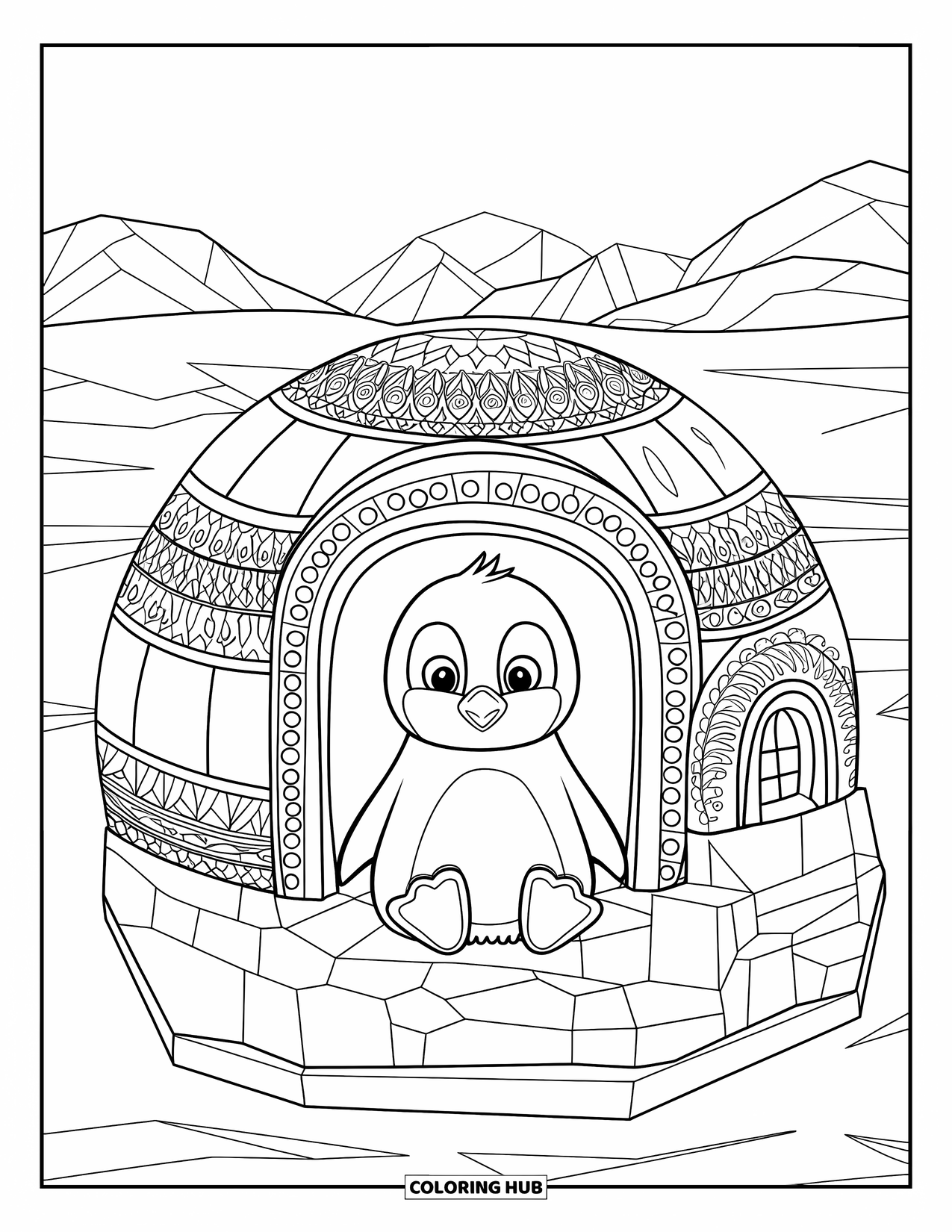 Kolorowanka dla dorosłych: Mały pingwinek odpoczywa w misternie wzorzystym igloo, z górami i drzewami w tle