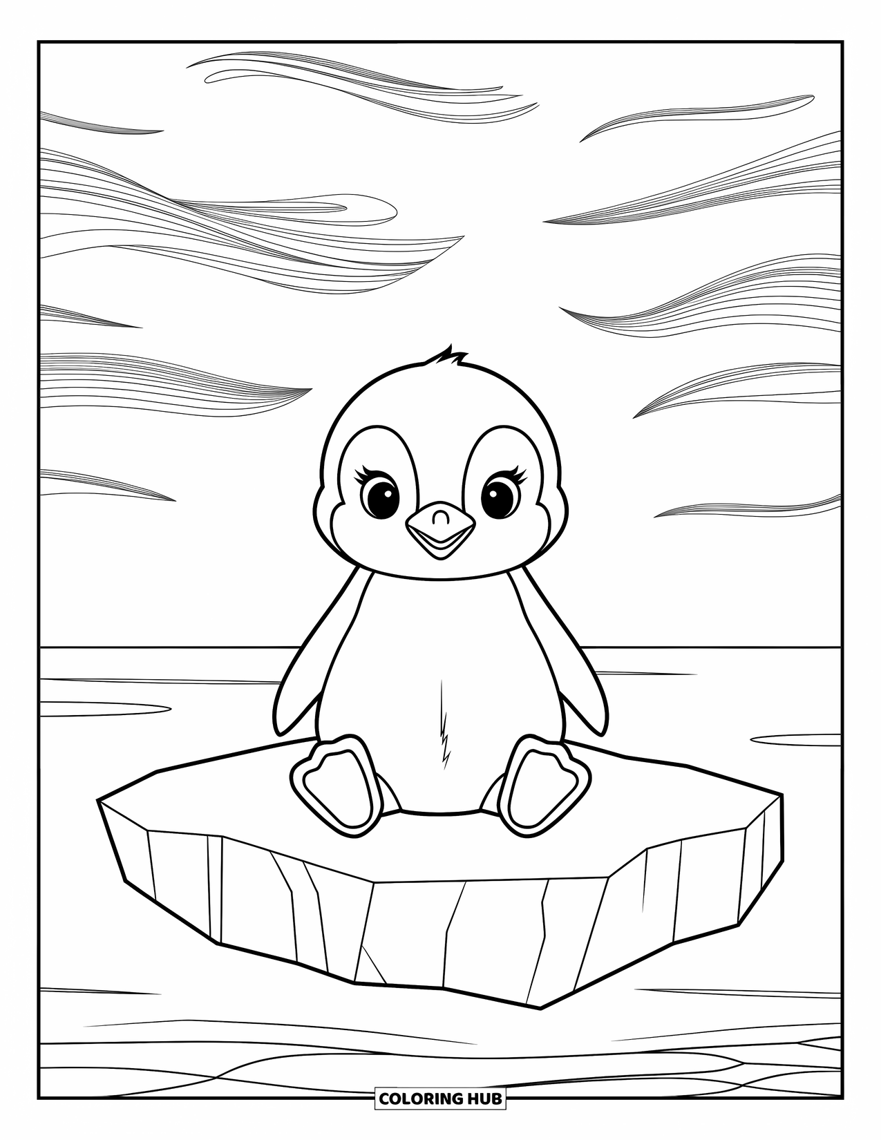 Kolorowanka dla dorosłych: Mały pingwinek odpoczywa na pływającej górze lodowej, otoczony delikatnymi falami i wzorzystym niebem