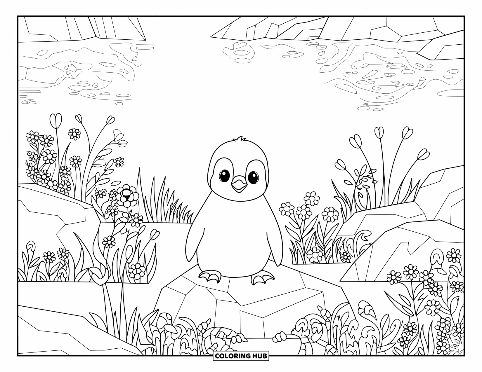 Kolorowanka dla dorosłych: Mały pingwinek odpoczywa na skale w spokojnym arktycznym ogrodzie w pobliżu spokojnego zbiornika wodnego