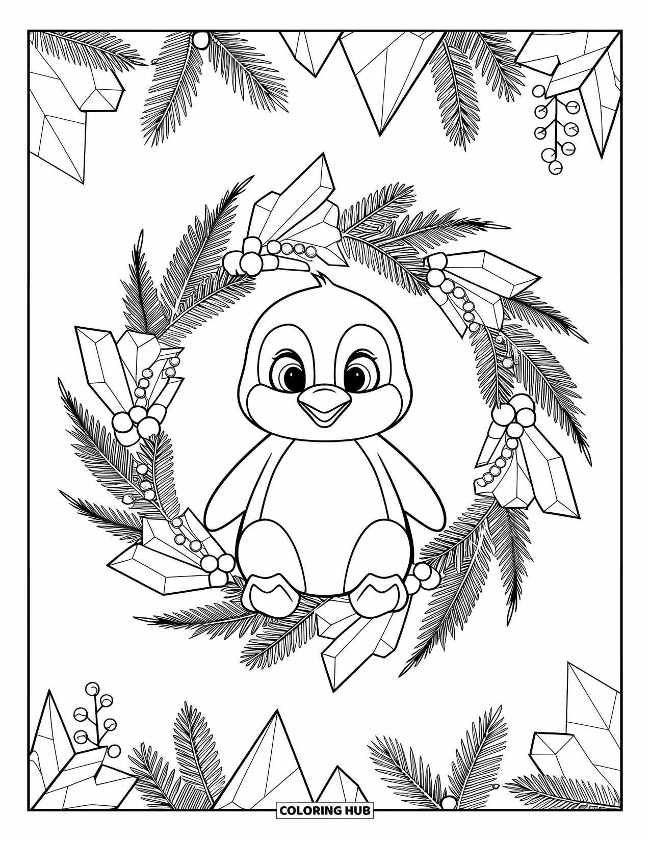 Kolorowanka dla dorosłych: Mały pingwinek siedzi wewnątrz okrągłego wieńca z gałęzi sosnowych, kryształków lodu i ostrokrzewu