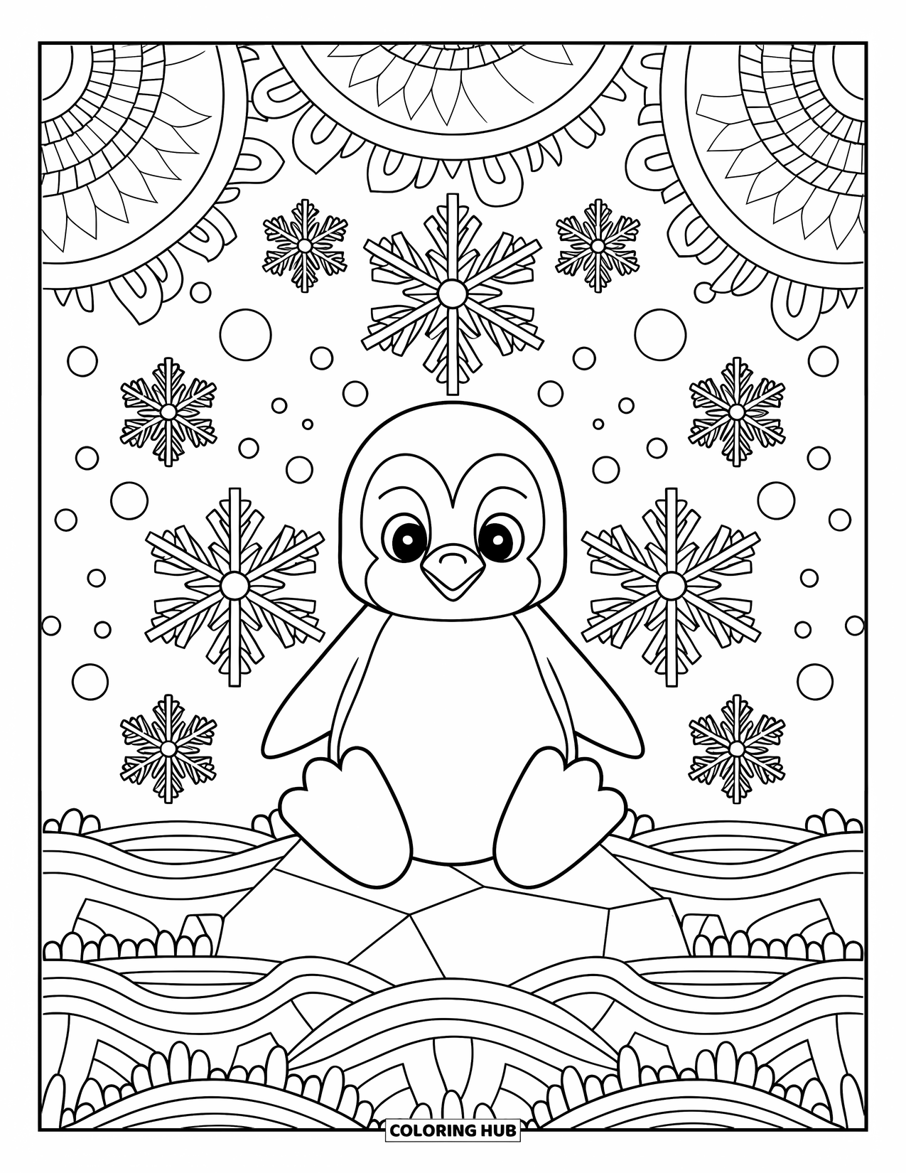 Kolorowanka dla dorosłych: Mały pingwinek siedzi na skale, otoczony eleganckimi płatkami śniegu i toczącymi się wzorzystymi falami