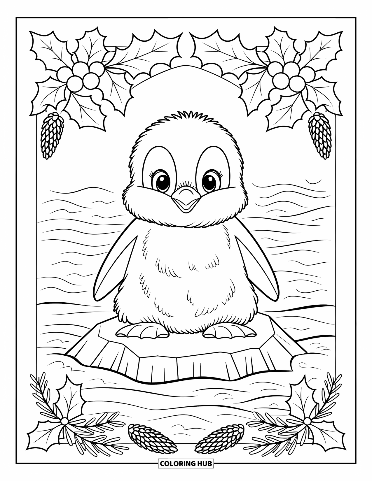 Kolorowanka dla dorosłych: Mały pingwinek siedzi na skale w morzu, otoczony szyszkami i liśćmi ostrokrzewu