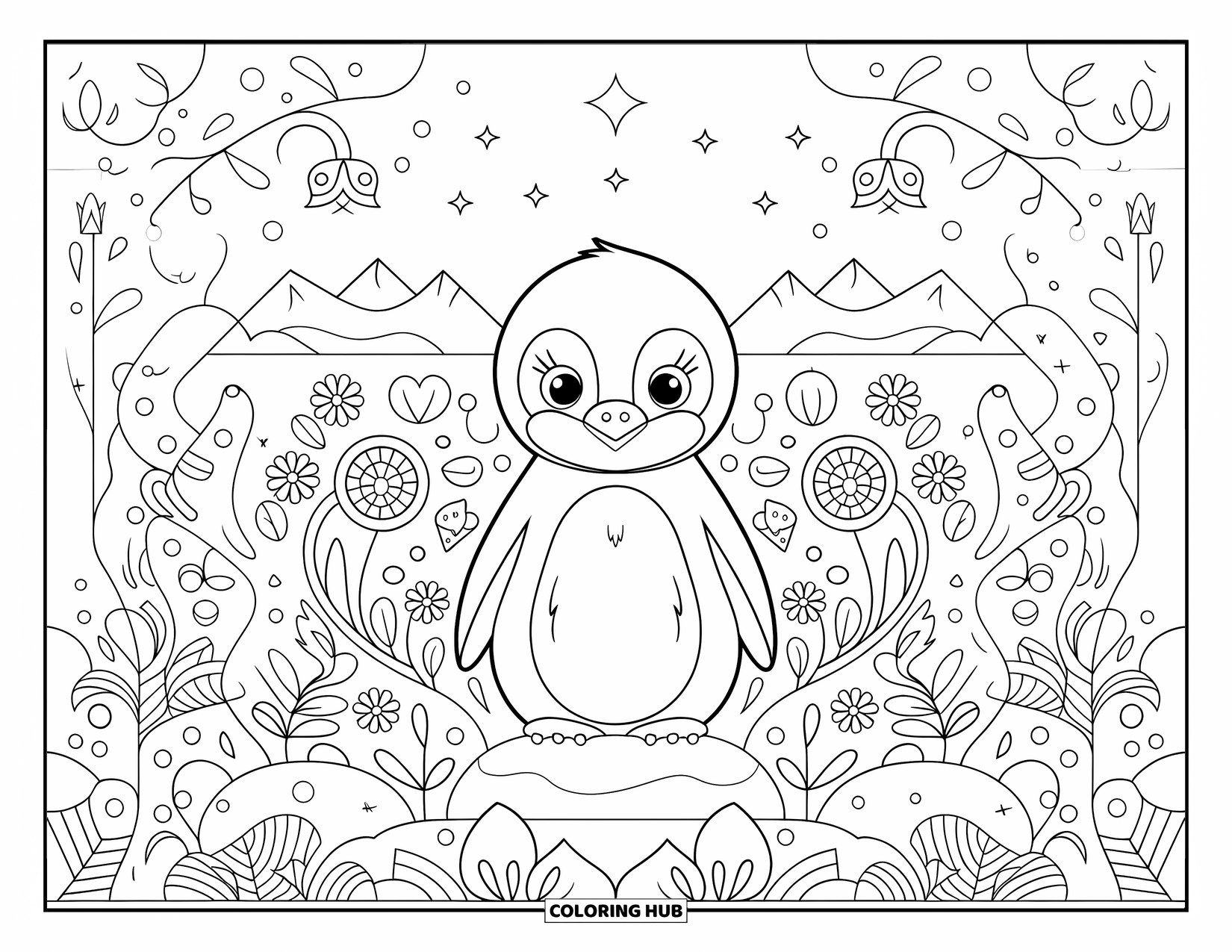 Kolorowanka dla dorosłych: Mały pingwinek siedzi na skale, otoczony arktycznymi kwiatami i odległymi śnieżnymi górami