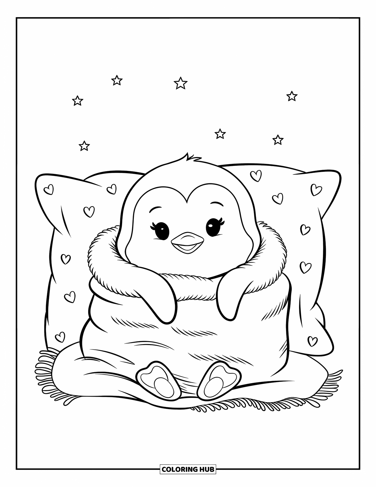 Kolorowanka dla dorosłych: Mały pingwinek wtulony w puszysty koc, odpoczywa na poduszce z maleńkimi pływającymi serduszkami