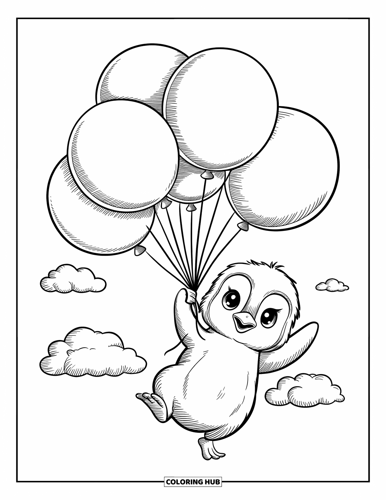 Kolorowanka dla dorosłych: Mały pingwinek szybuje z balonami, a jego małe stopy zwisają, gdy w pobliżu dryfują chmury