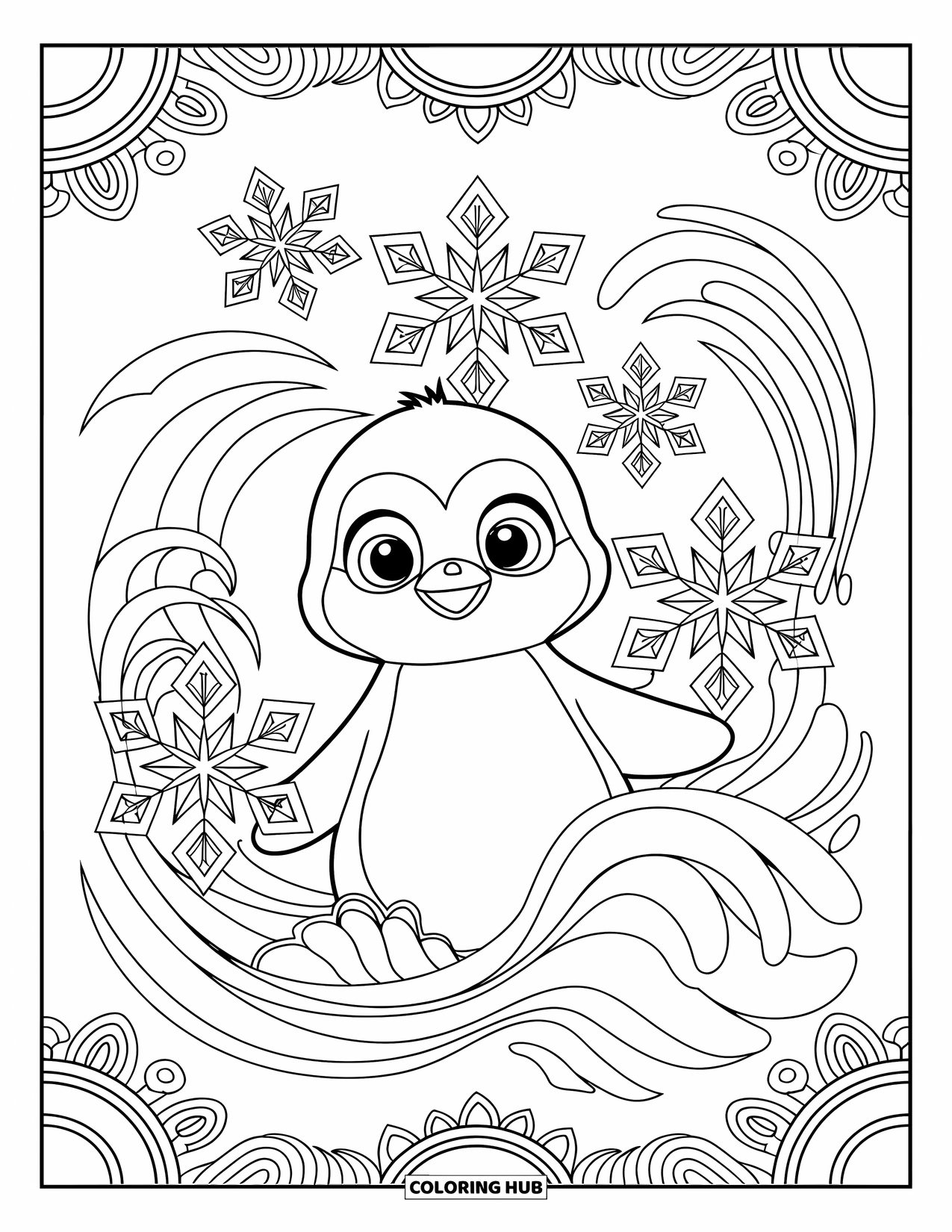 Kolorowanka dla dorosłych: Mały pingwinek otoczony ozdobnymi płatkami śniegu i wirującymi falami, w medytacyjnym wzorze