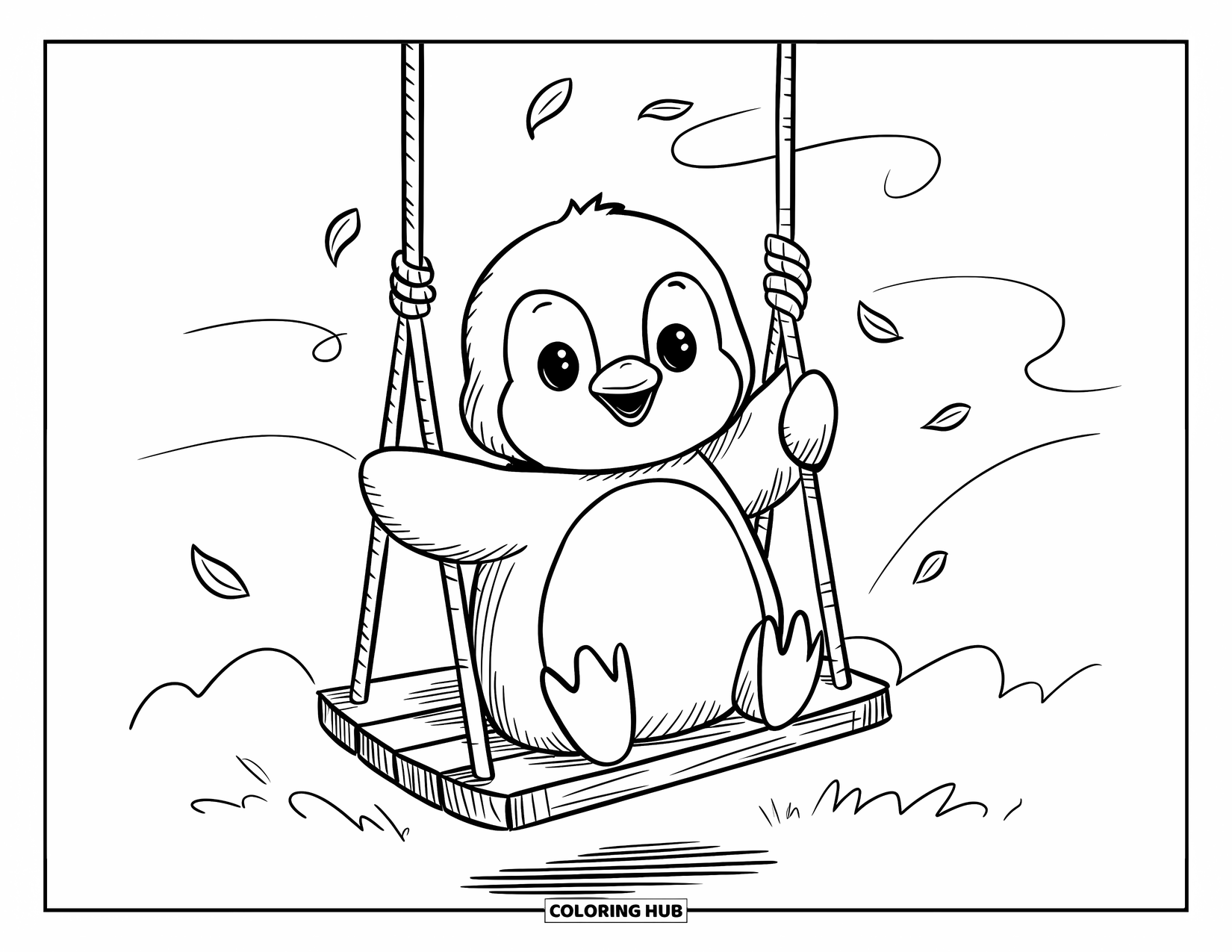 Kolorowanka dla dorosłych: Mały pingwinek kołysze się na drewnianej huśtawce, z delikatnymi liniami wiatru i opadającymi liśćmi