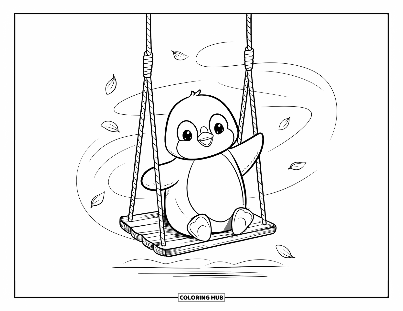 Kolorowanka dla dorosłych: Mały pingwinek huśta się na drewnianym siedzisku, trzymając się lin swoimi małymi płetwami