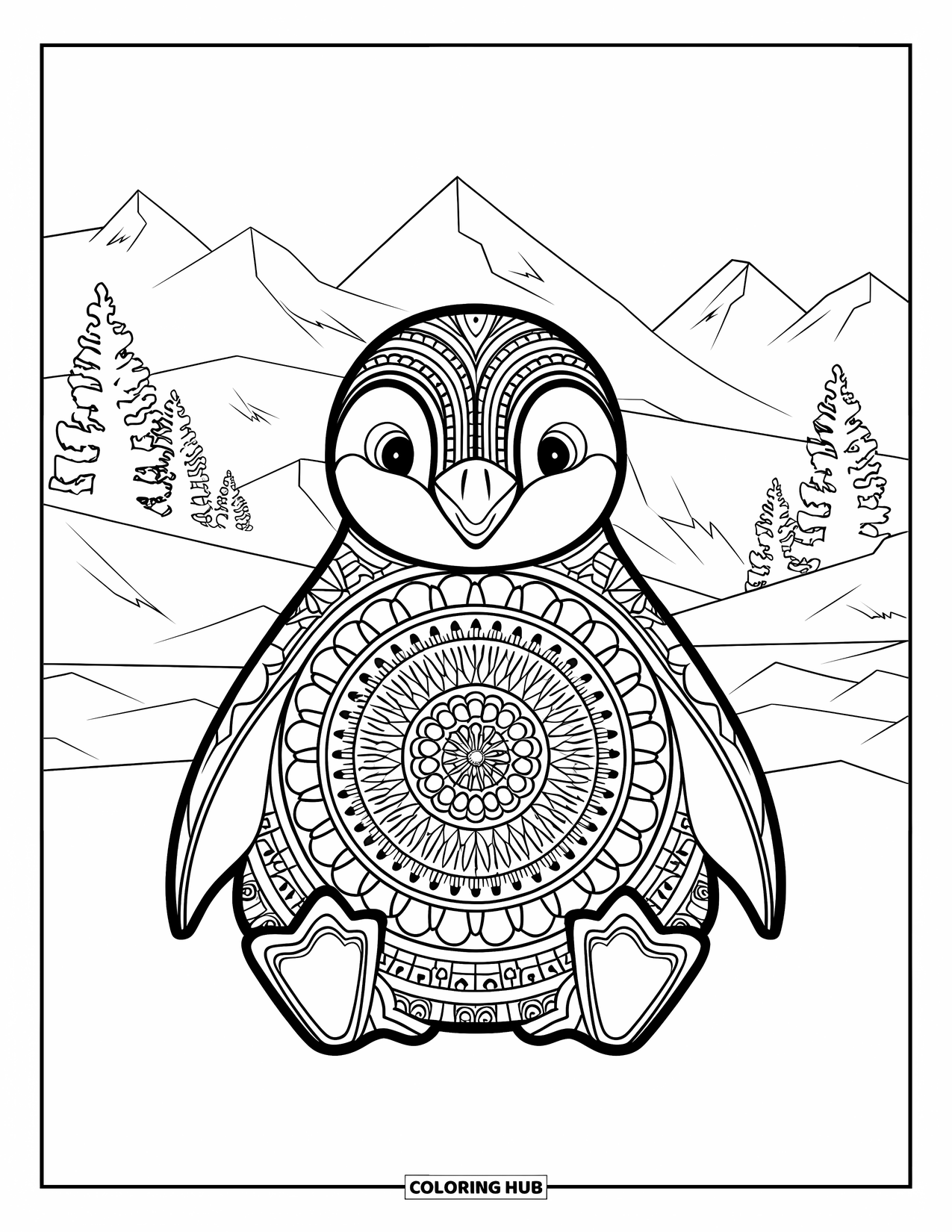 Kolorowanka dla dorosłych: Mały pingwinek ze szczegółowym wzorem mandali, siedzi na śnieżnym podłożu z widokiem na góry