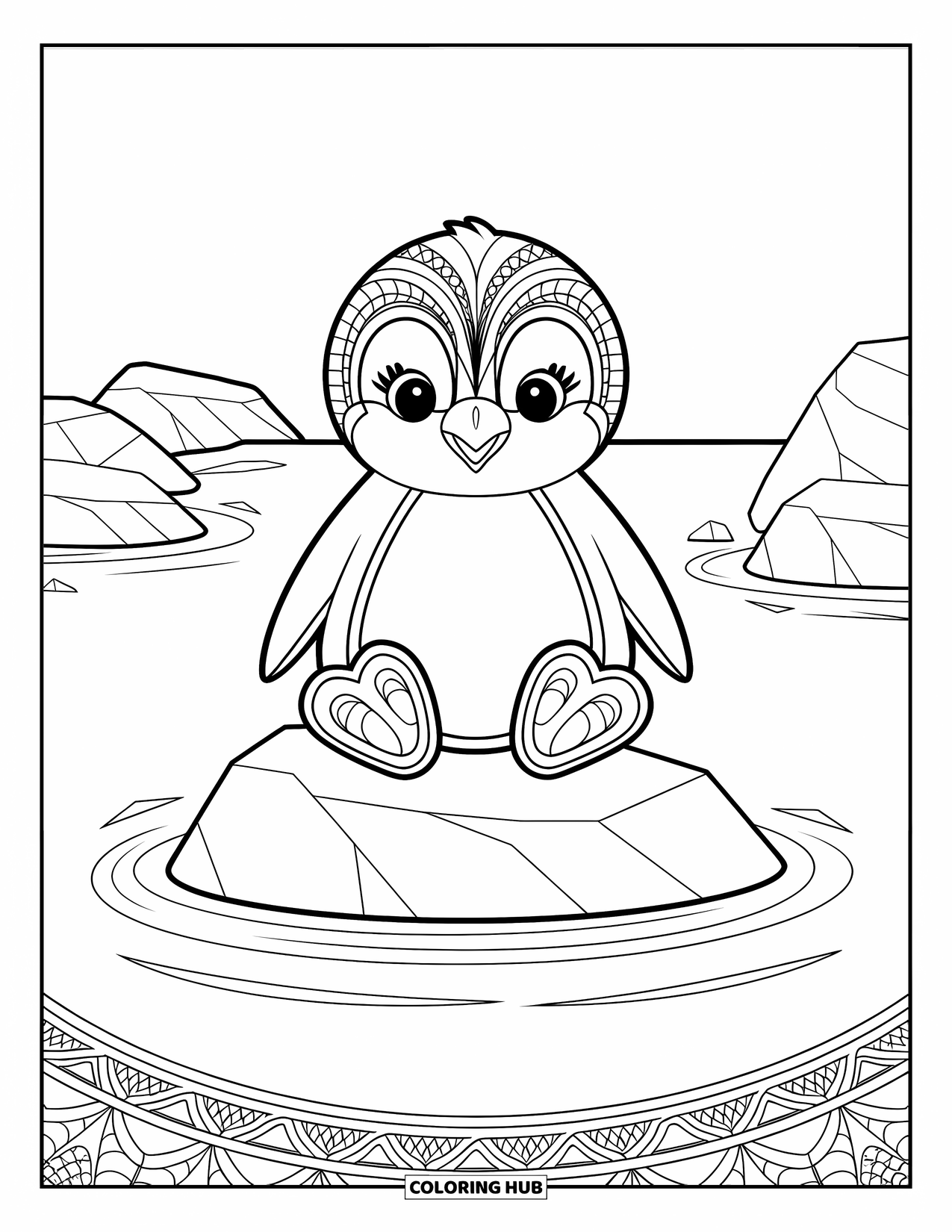 Kolorowanka dla dorosłych: Mały pingwinek ze zdobnymi detalami mandali, odpoczywa na skale w pobliżu spokojnego i cichego jeziora