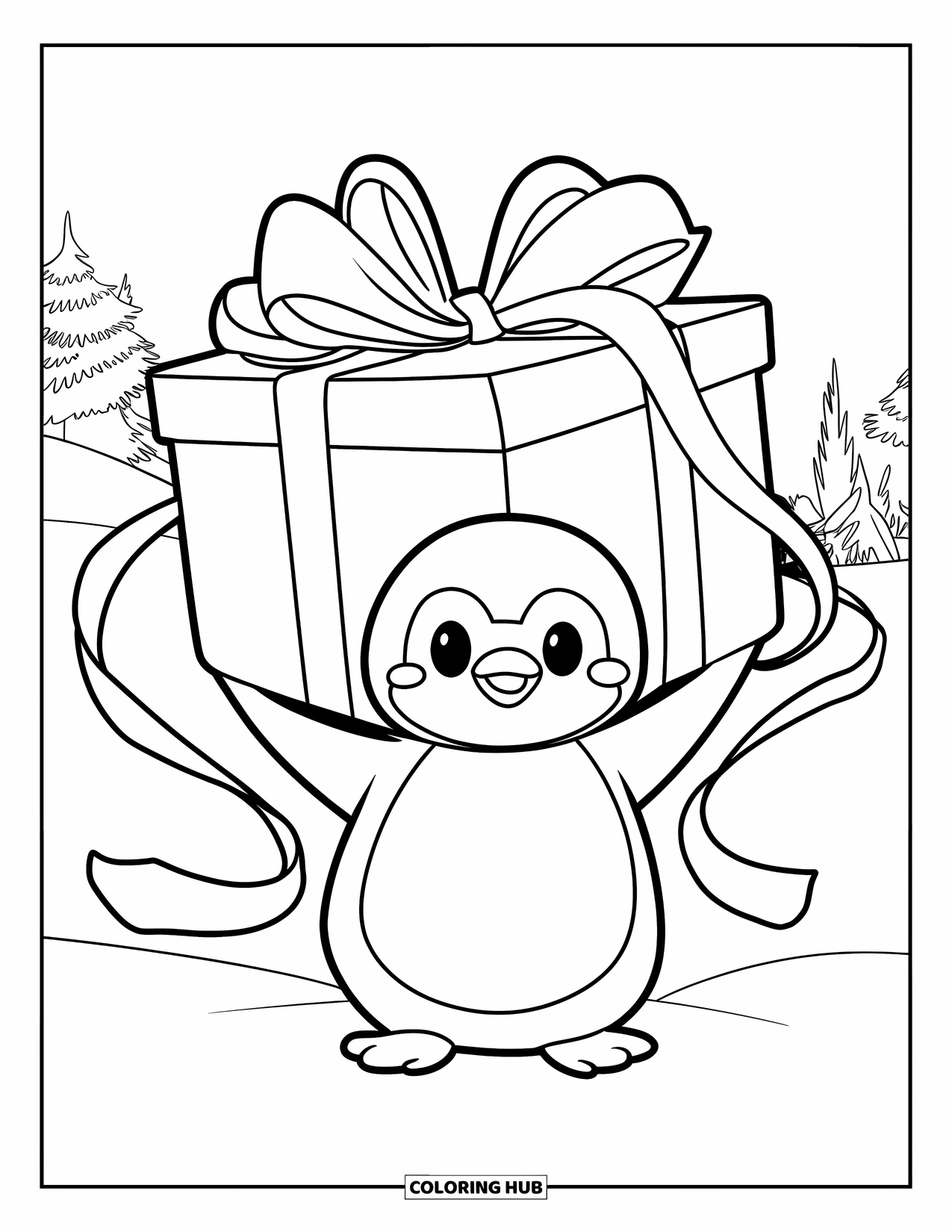Kolorowanka dla dorosłych: Mały pingwinek chwieje się pod ogromnym pudełkiem z prezentem, wyglądając spod wstążki