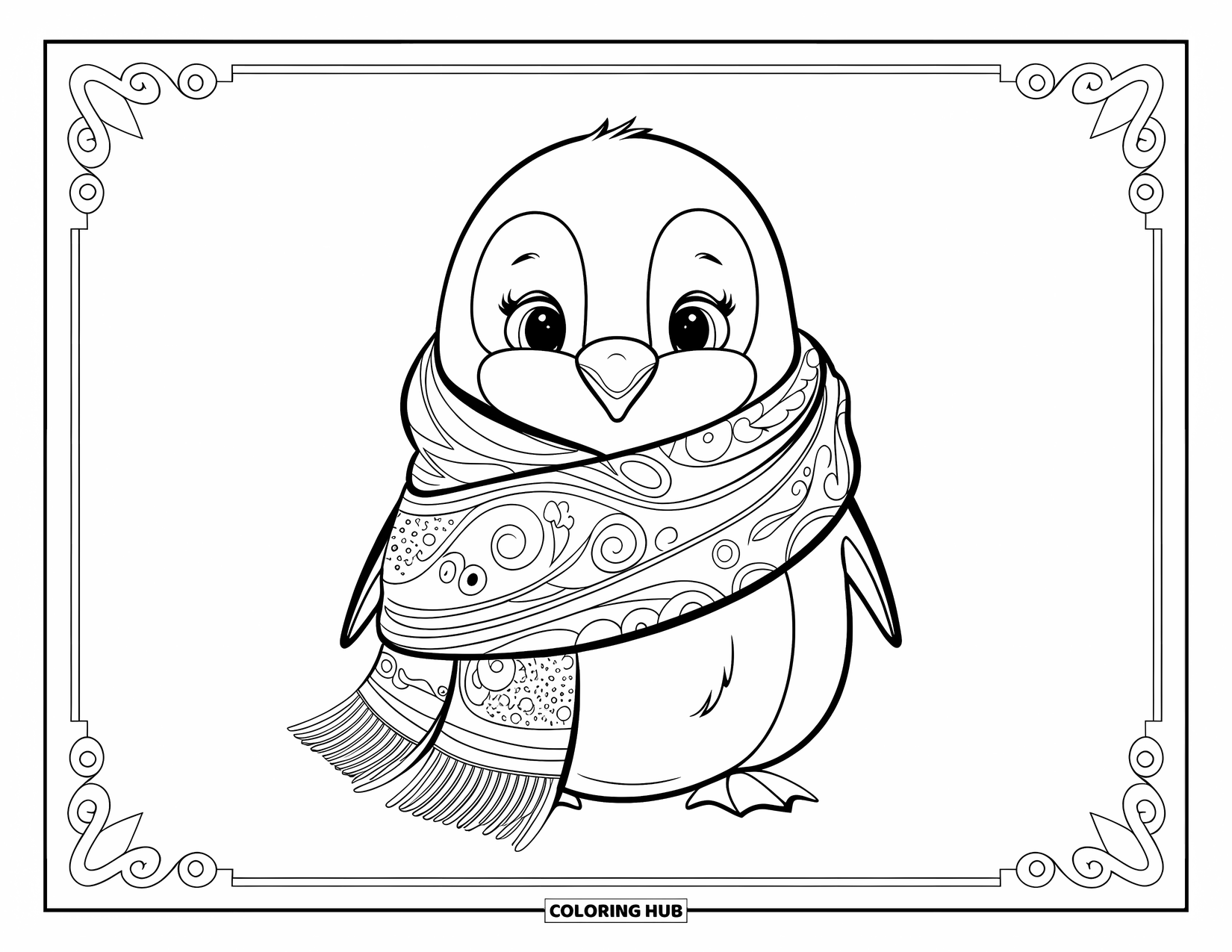 Kolorowanka dla dorosłych: Mały pingwinek owinięty ozdobnym szalikiem, stojący na prostym i czystym tle