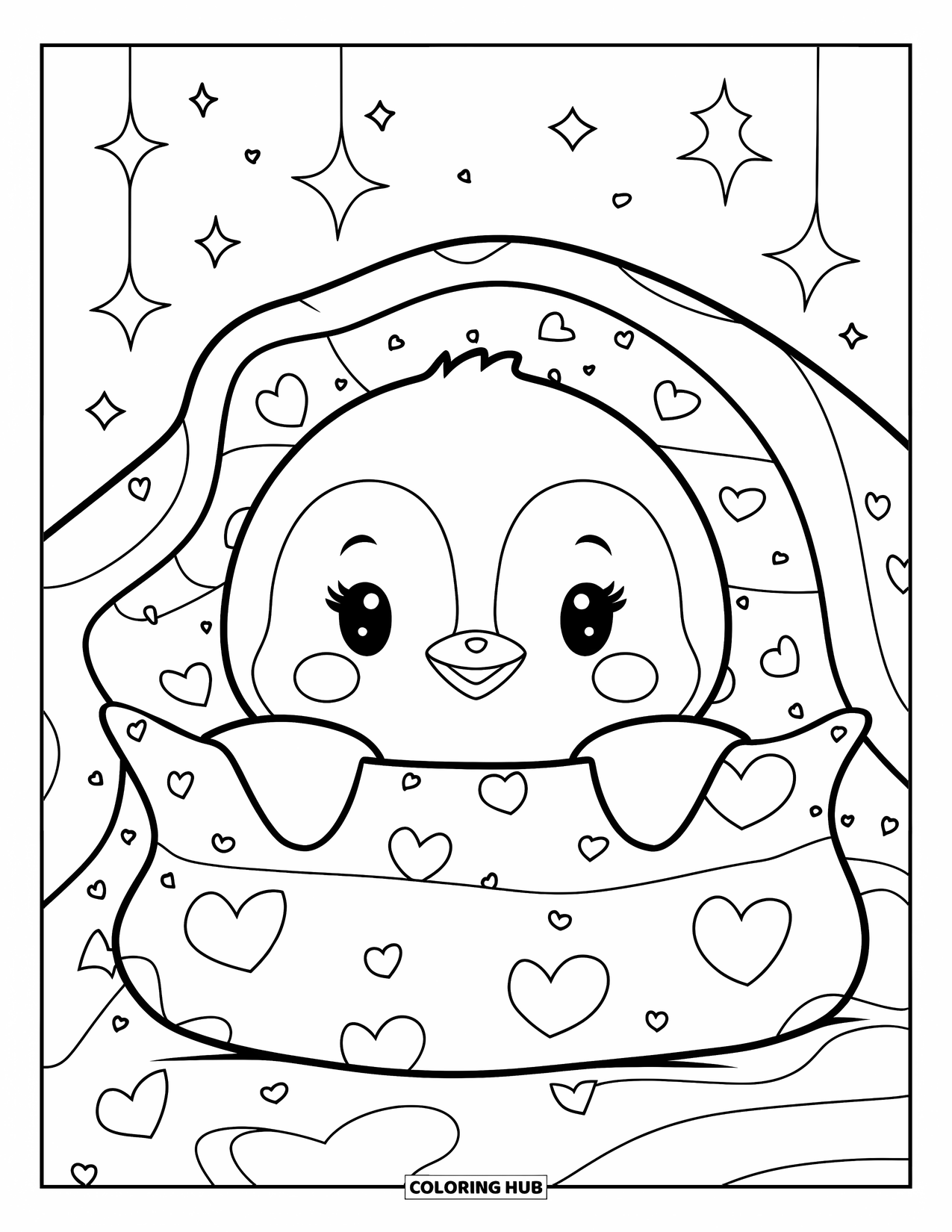Kolorowanka dla dorosłych: Mały pingwinek szczelnie owinięty kocem, siedzi na poduszce z maleńkimi serduszkami unoszącymi się w pobliżu