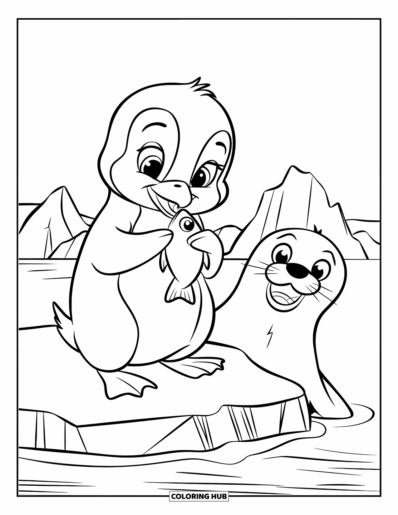 Kolorowanka z małym pingwinkiem dla dzieci: Mały pingwinek balansuje rybą w płetwach, stojąc na górze lodowej w pobliżu figlarnej foki