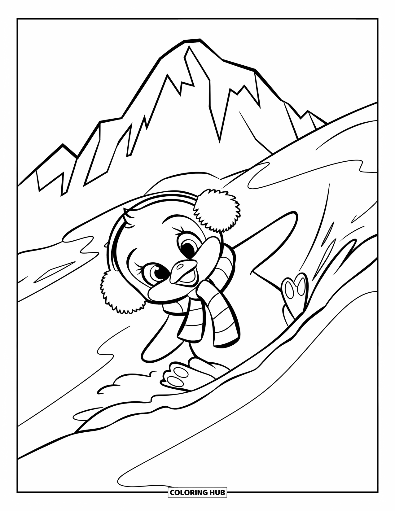 Kolorowanka z małym pingwinkiem dla dzieci: Mały pingwinek otulony w nausznikach i szaliku, radośnie zjeżdża po śnieżnym zboczu