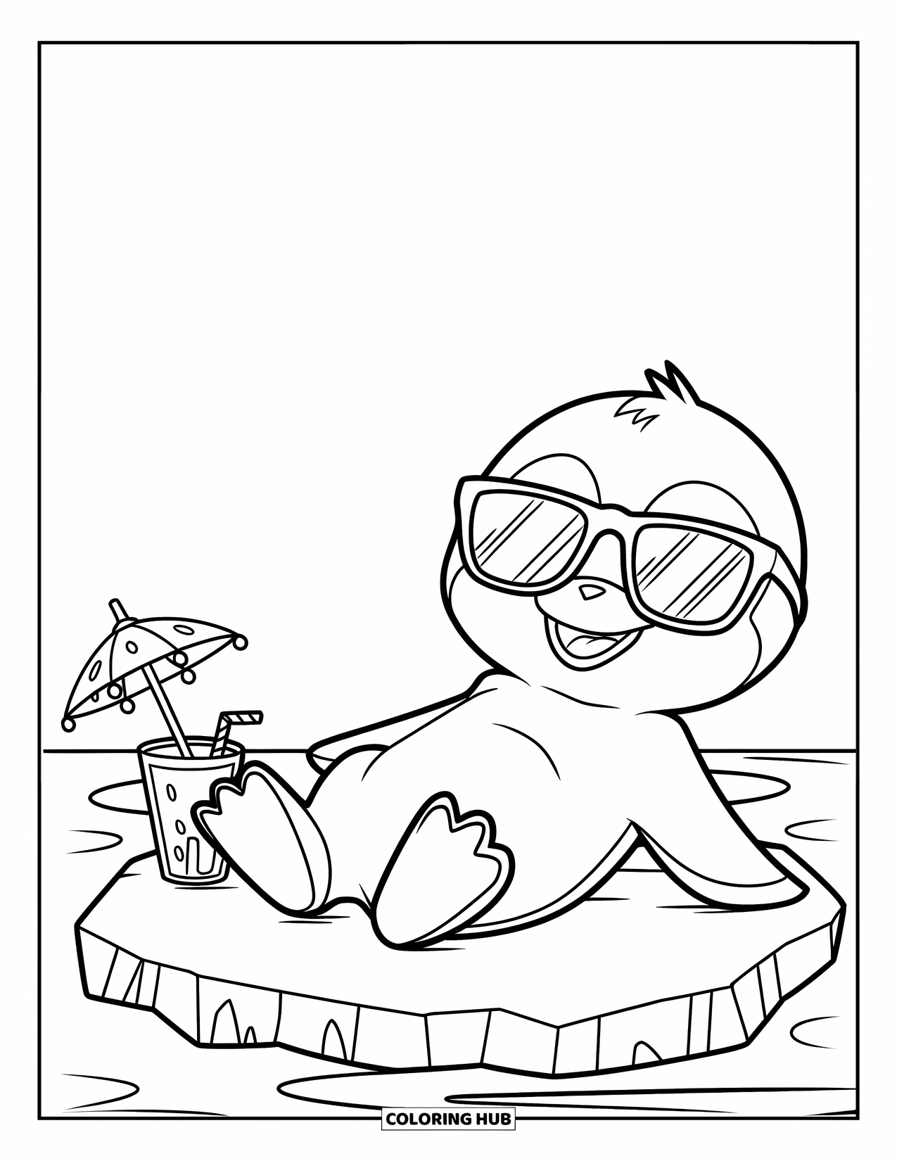Kolorowanka dla dzieci: Mały pingwinek relaksuje się na lodzie, nosi okulary przeciwsłoneczne i ma w pobliżu orzeźwiający napój