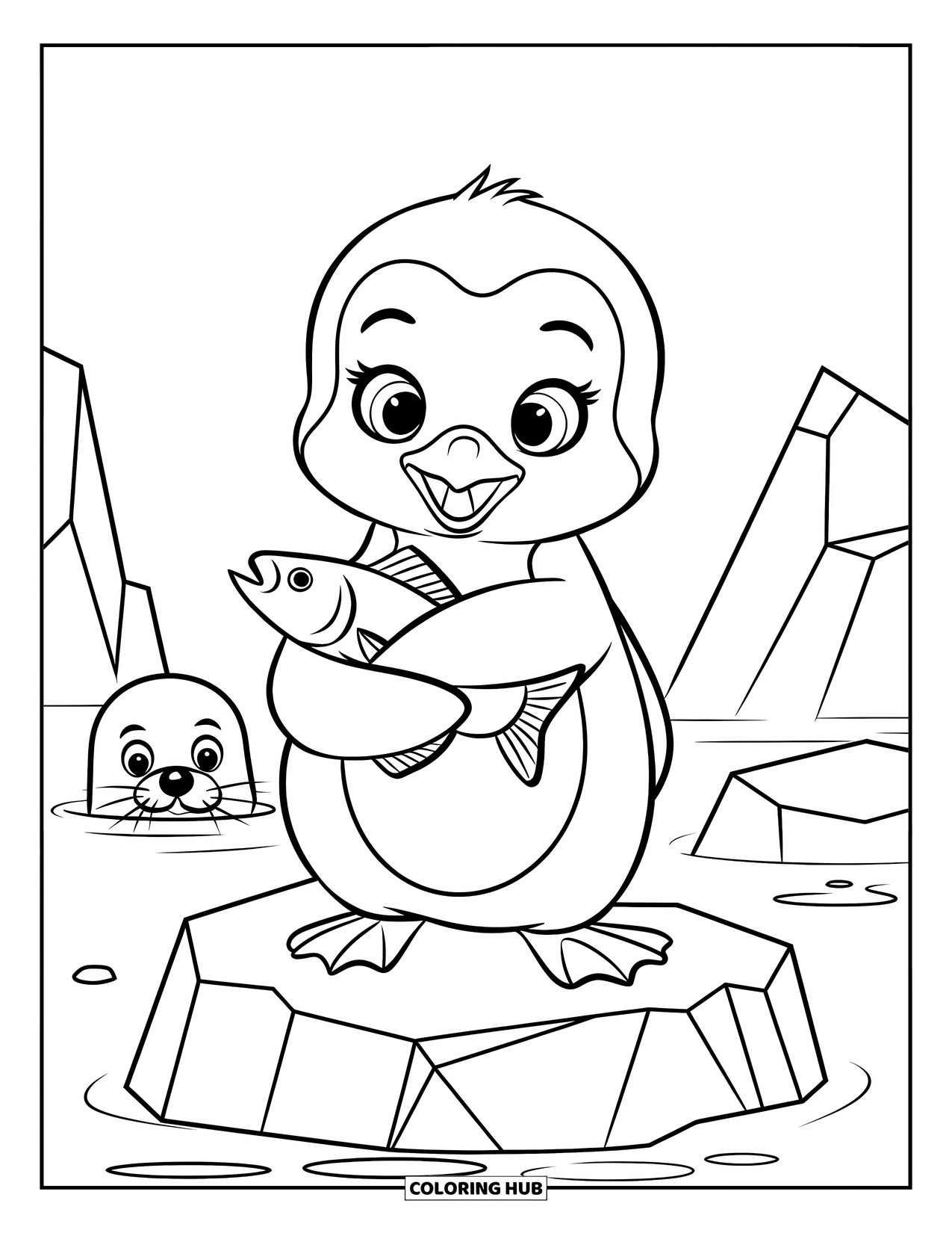 Kolorowanka z małym pingwinkiem dla dzieci: Mały pingwinek trzyma rybę, stojąc na lodzie, gdy foka wyskakuje z wody