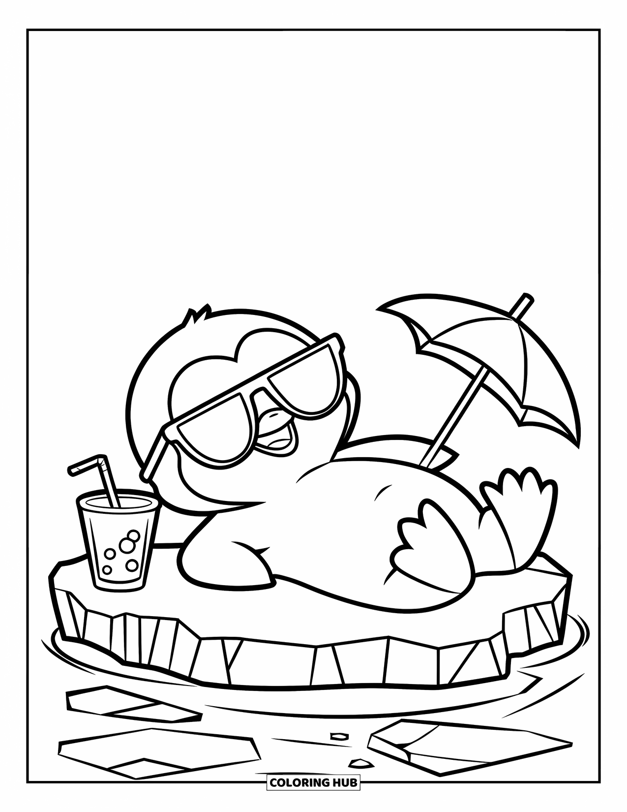Kolorowanka z małym pingwinkiem dla dzieci: Mały pingwinek cieszy się słońcem na krze lodowej, popijając zimny napój pod małym parasolem