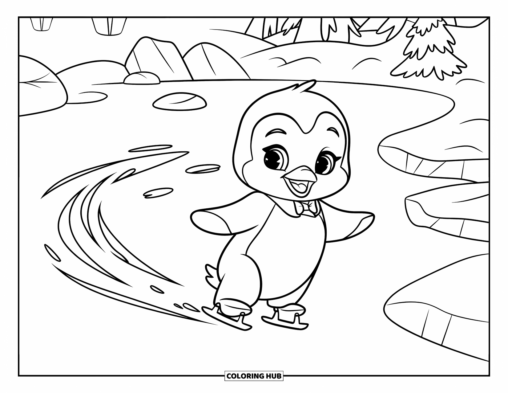 Kolorowanka z małym pingwinkiem dla dzieci: Mały pingwinek ślizga się po lodowej powierzchni, pozostawiając wirujące ślady podczas ruchu