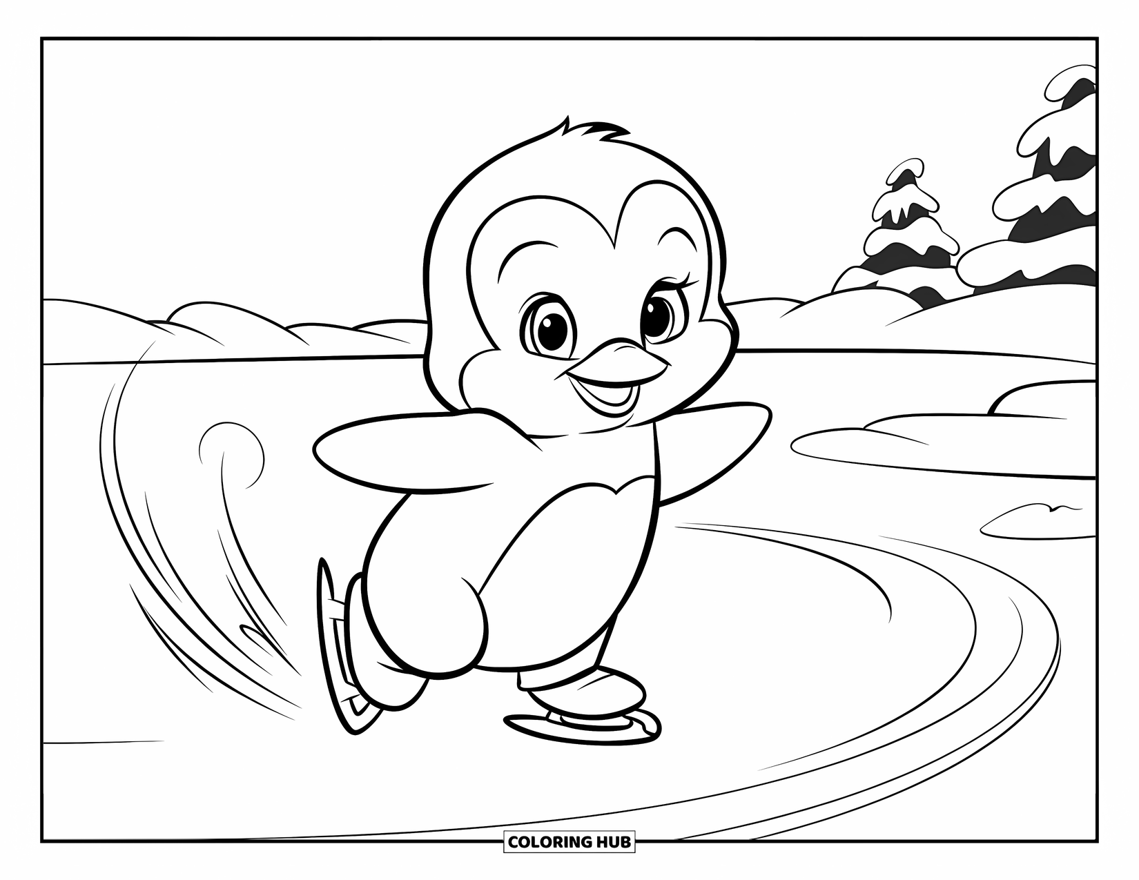 Kolorowanka z małym pingwinkiem dla dzieci: Mały pingwinek z gracją jeździ na łyżwach po lodzie, kreśląc delikatne pętle w mroźnym powietrzu