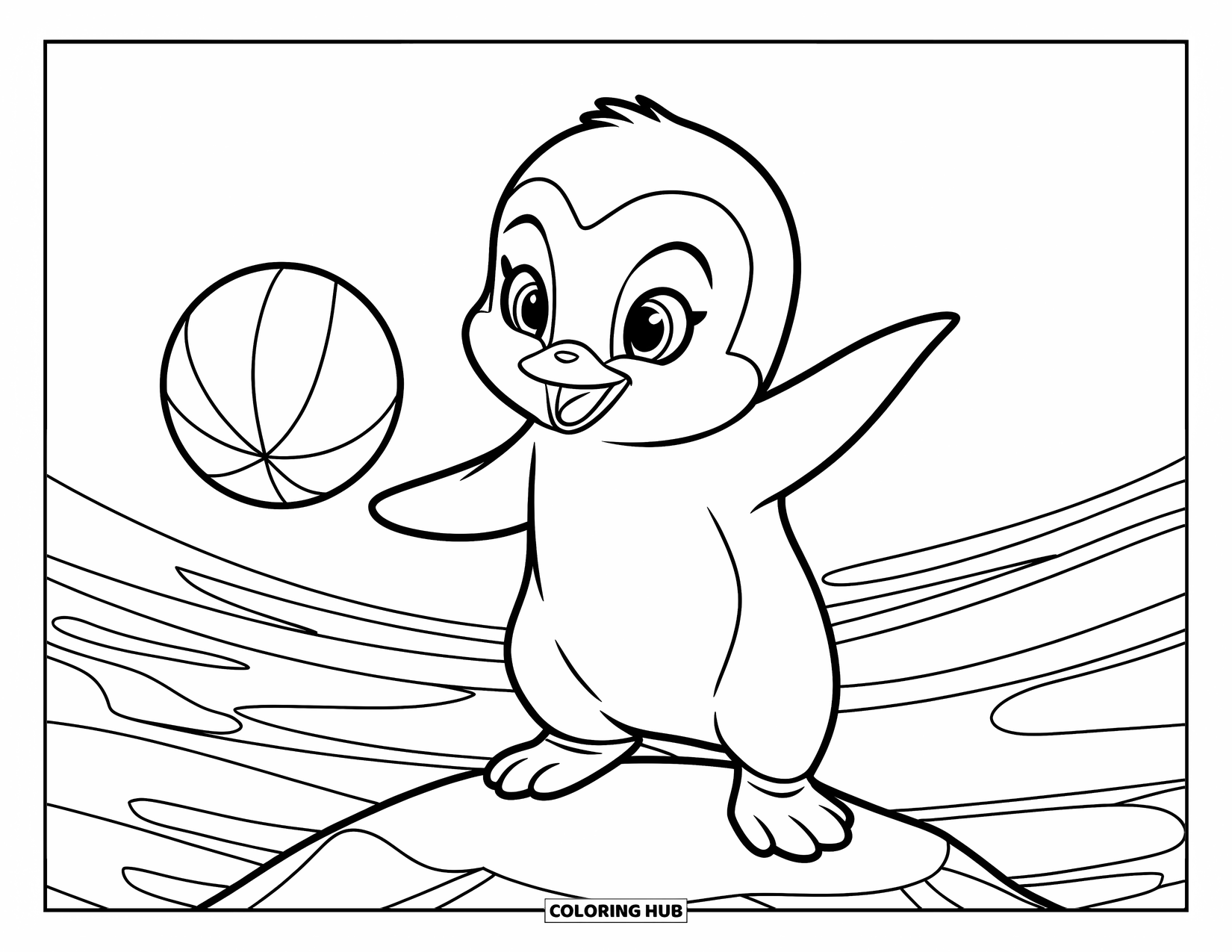 Kolorowanka z małym pingwinkiem dla dzieci: Mały pingwinek radośnie bawi się piłką, stojąc na skale w oceanie