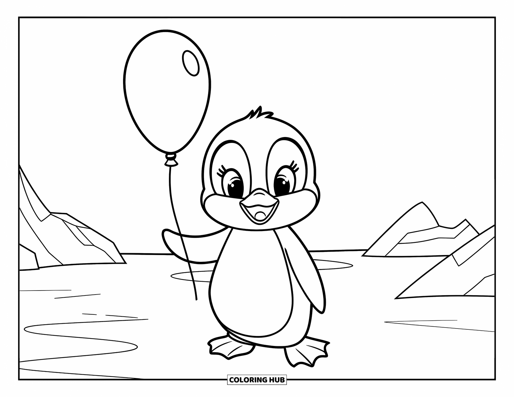 Kolorowanka z małym pingwinkiem dla dzieci: Mały pingwinek trzyma balon, stojąc na śniegu z odległymi górami lodowymi w tle