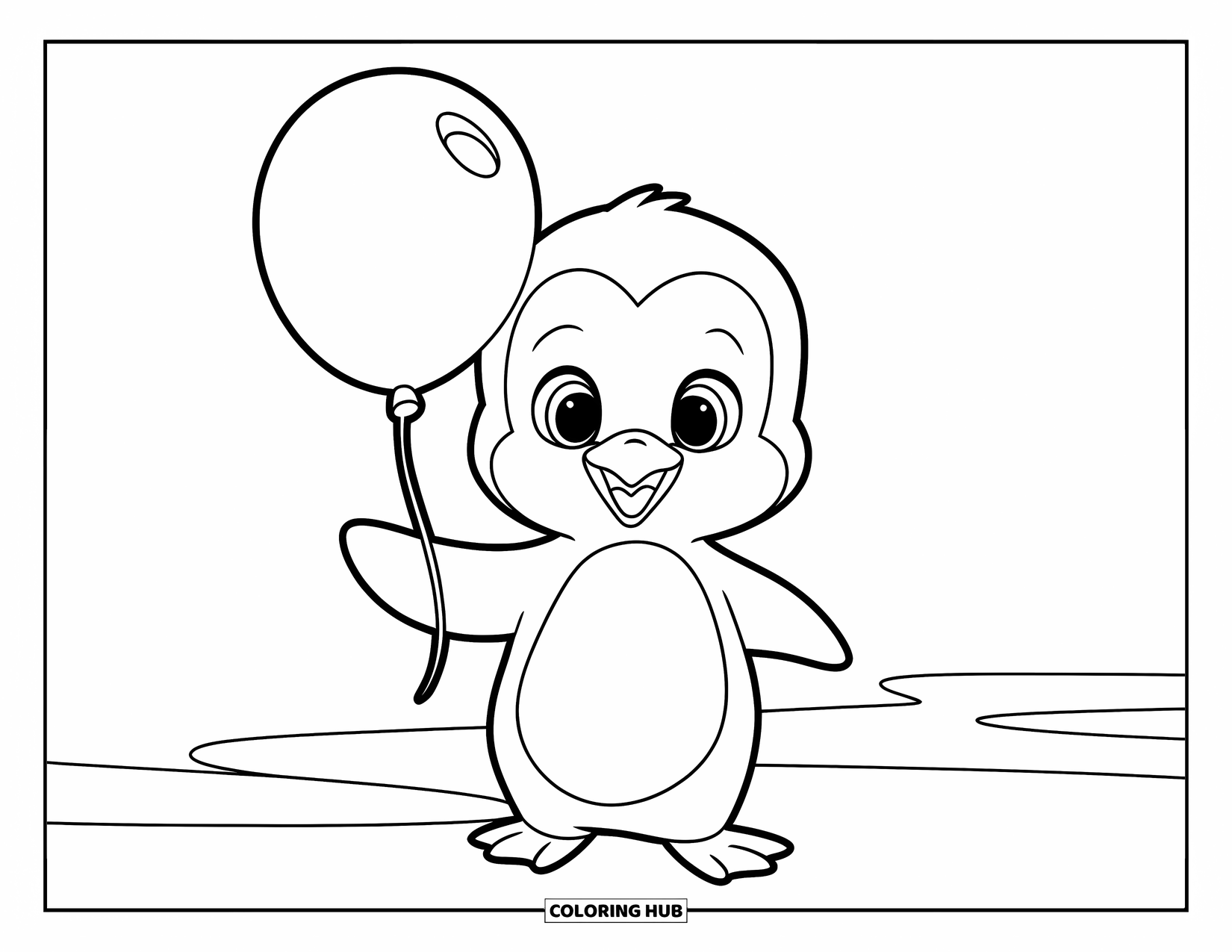 Kolorowanka z małym pingwinkiem dla dzieci: Mały pingwinek trzyma balon, stojąc na śnieżnej powierzchni z prostym tłem