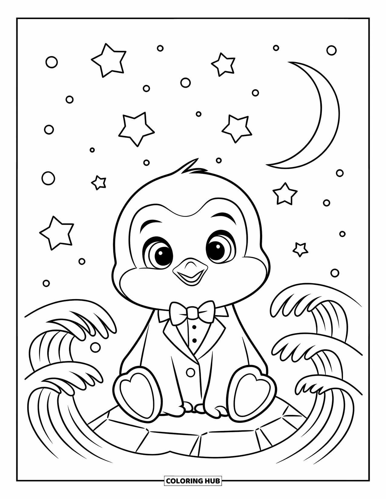 Kolorowanka z małym pingwinkiem dla dzieci: Mały pingwinek w małym smokingu, siedzi na skale pod świecącym sierpem księżyca