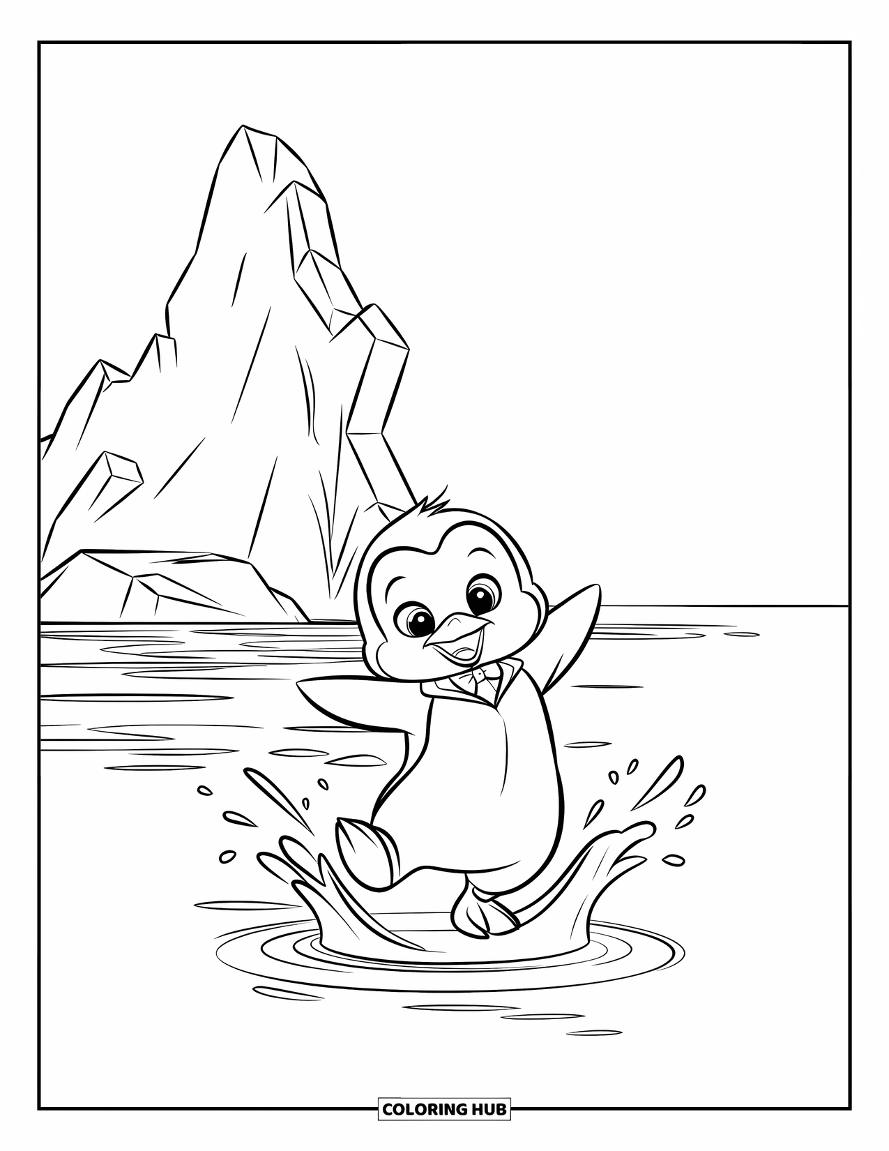 Kolorowanka z małym pingwinkiem dla dzieci: Mały pingwinek w małym smokingu pluska się w wodzie w pobliżu poszarpanej góry lodowej