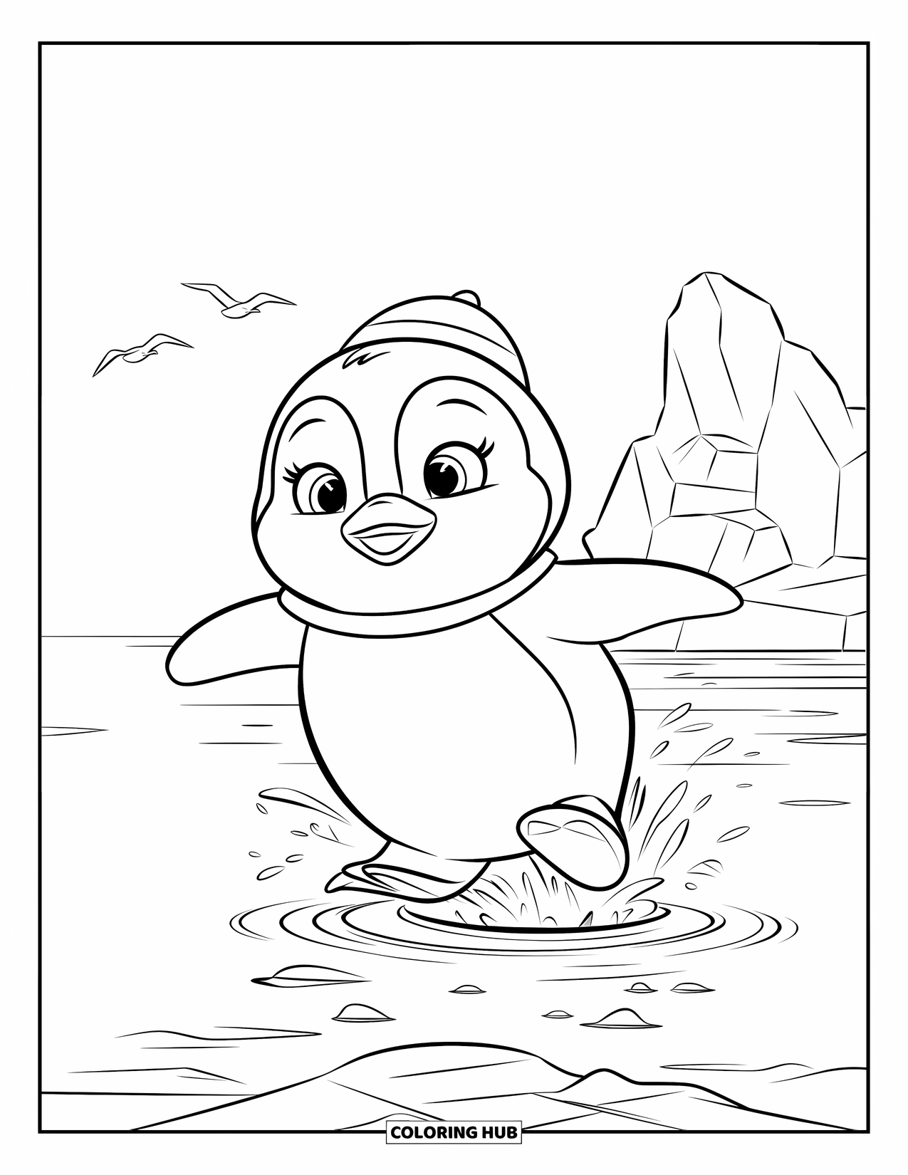 Kolorowanka z małym pingwinkiem dla dzieci: Mały pingwinek w pomarańczowej czapce wyskakuje z wody, a w pobliżu latają mewy