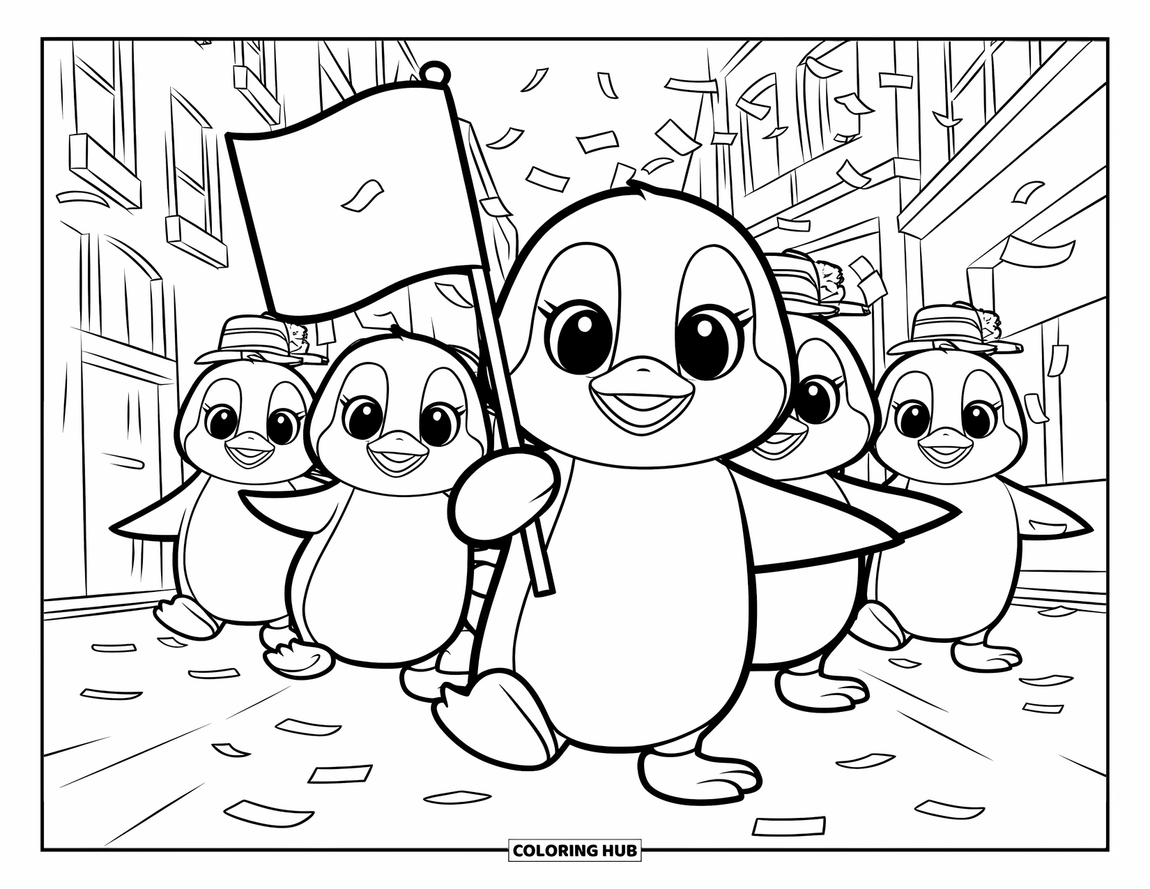 Kolorowanka z małym pingwinkiem dla dzieci: Mały pingwinek radośnie prowadzi paradę, a jego mała czapeczka podskakuje, gdy pada konfetti