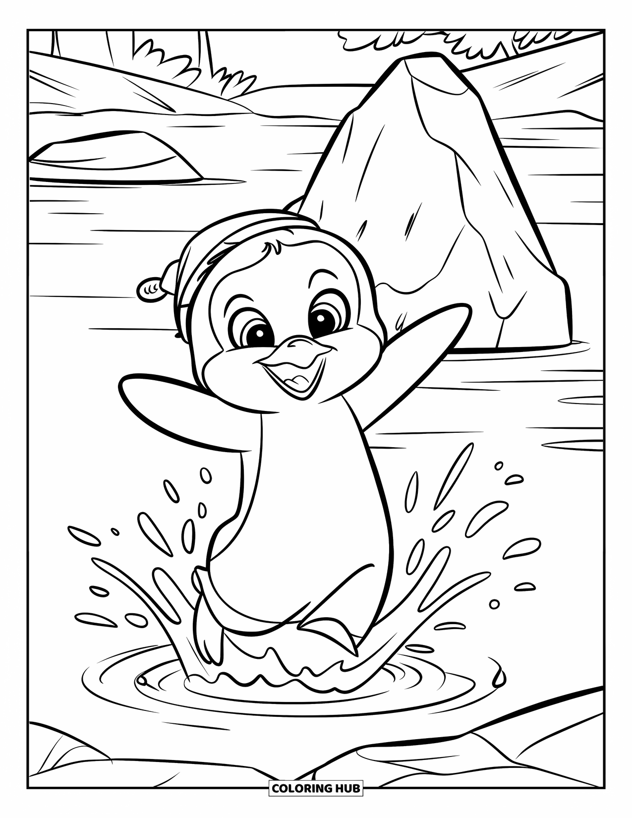 Kolorowanka z małym pingwinkiem dla dzieci: Mały pingwinek radośnie skacze do wody, robiąc pluski z górą lodową w pobliżu