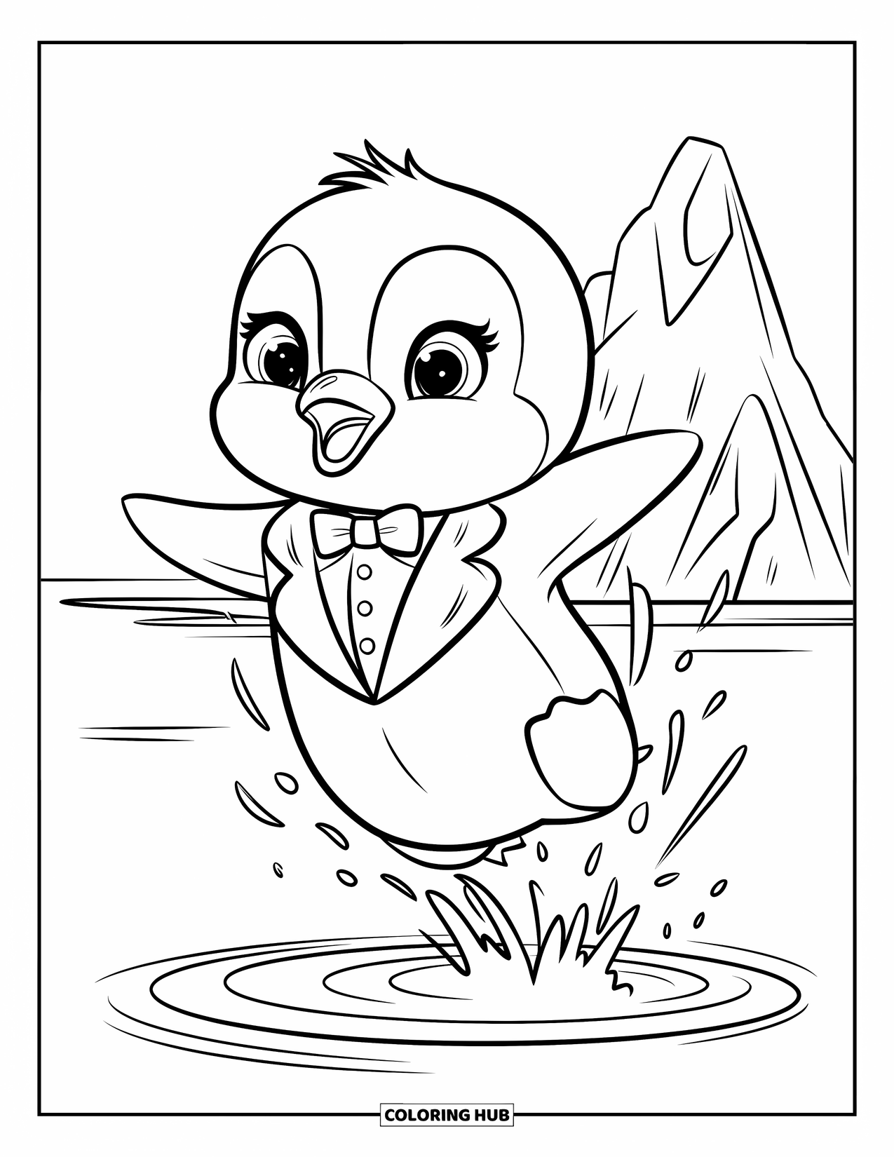 Kolorowanka z małym pingwinkiem dla dzieci: Mały pingwinek radośnie szybuje nad wodą, pluskając się z górą lodową w tle