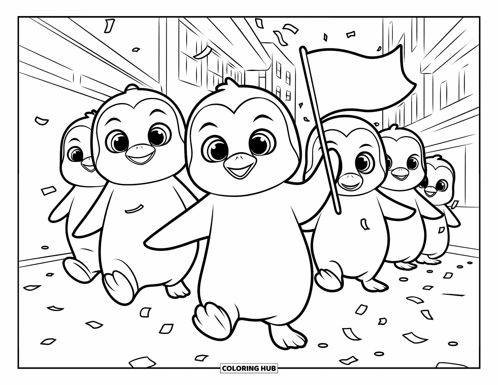 Kolorowanka z małym pingwinkiem dla dzieci: Mały pingwinek prowadzi paradę pingwinów, trzymając flagę, gdy pada konfetti