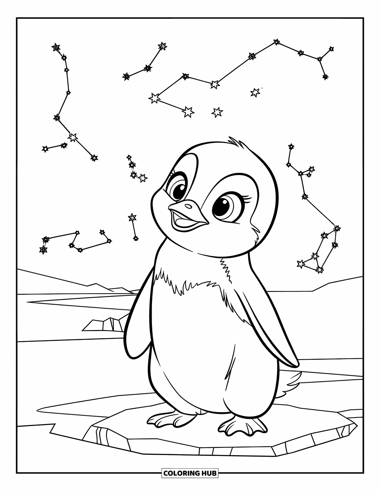 Kolorowanka z małym pingwinkiem dla dzieci: Mały pingwinek patrzy na nocne niebo, otoczony drobnymi konstelacjami migoczącymi powyżej