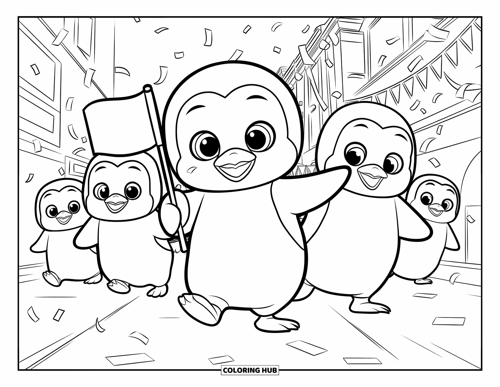 Kolorowanka z małym pingwinkiem dla dzieci: Mały pingwinek maszeruje na czele parady, dumnie machając flagą