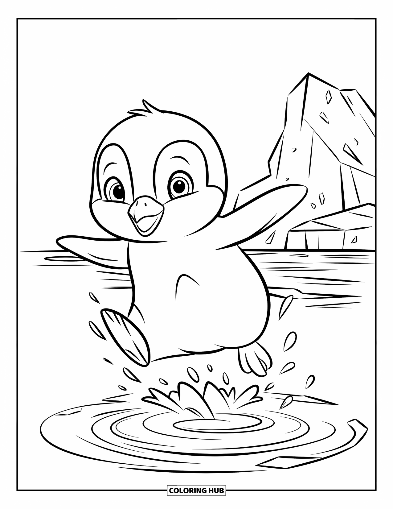 Kolorowanka z małym pingwinkiem dla dzieci: Mały pingwinek w trakcie skoku z oceanu, z jego okrągłego ciałka kapie woda, a w oddali majaczy góra lodowa