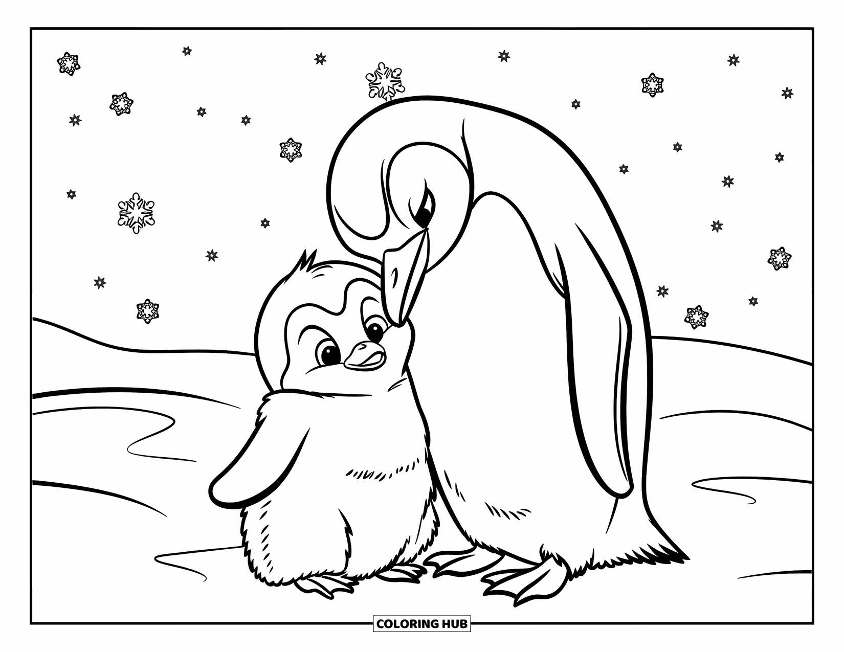 Kolorowanka z małym pingwinkiem dla dzieci: Mały pingwinek wtulony blisko rodzica, otoczony padającym śniegiem w zimowej scenerii