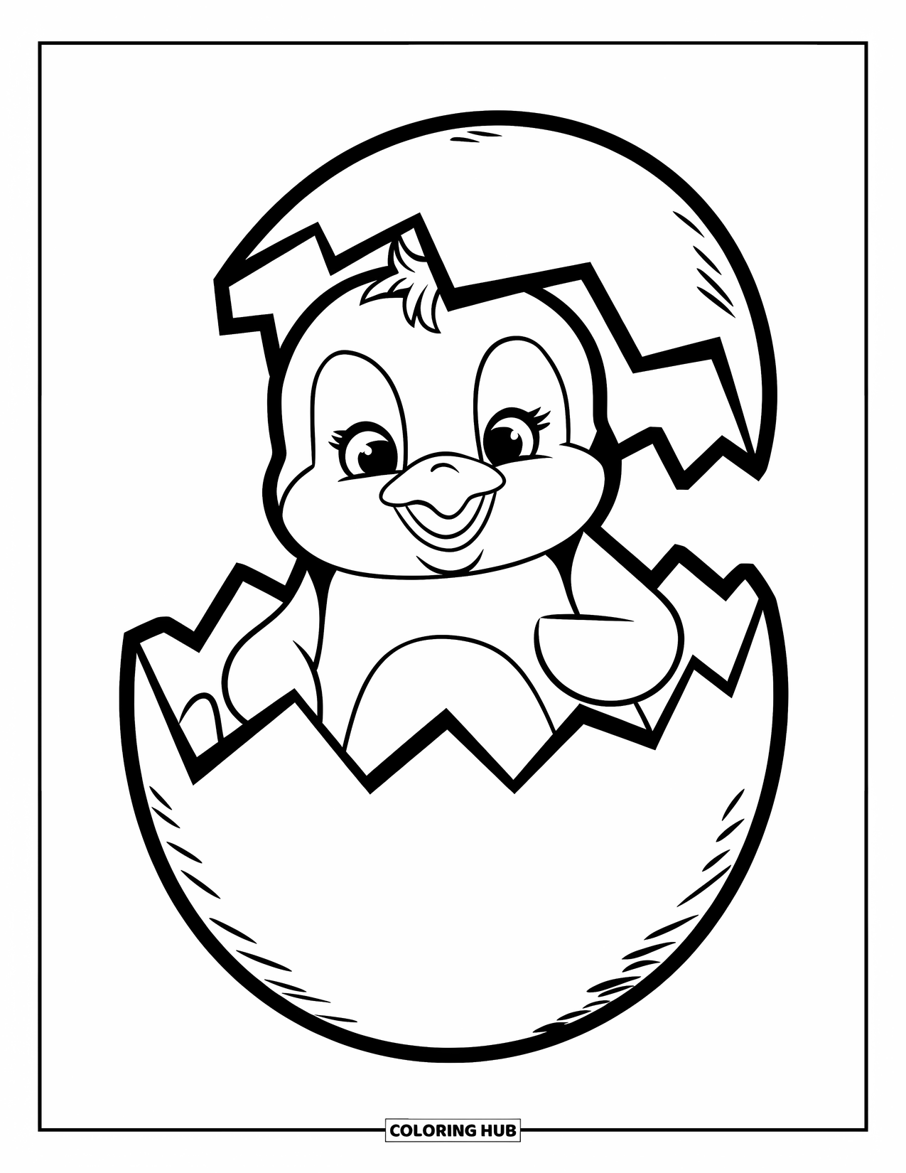 Kolorowanka z małym pingwinkiem dla dzieci: Mały pingwinek wygląda z pękniętej skorupki jajka, rozglądając się ciekawie
