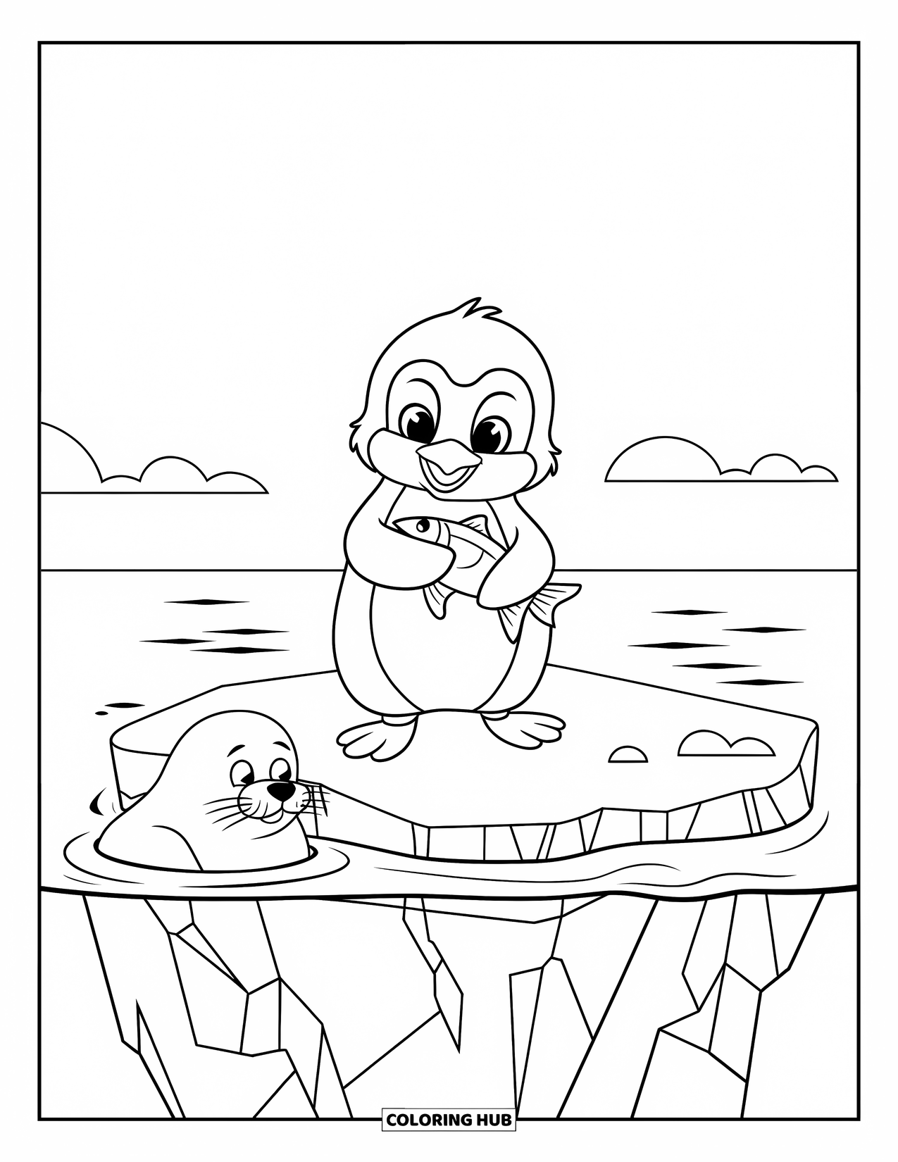 Kolorowanka z małym pingwinkiem dla dzieci: Mały pingwinek dumnie trzyma rybę, podczas gdy foka wygląda z lodowatych wód