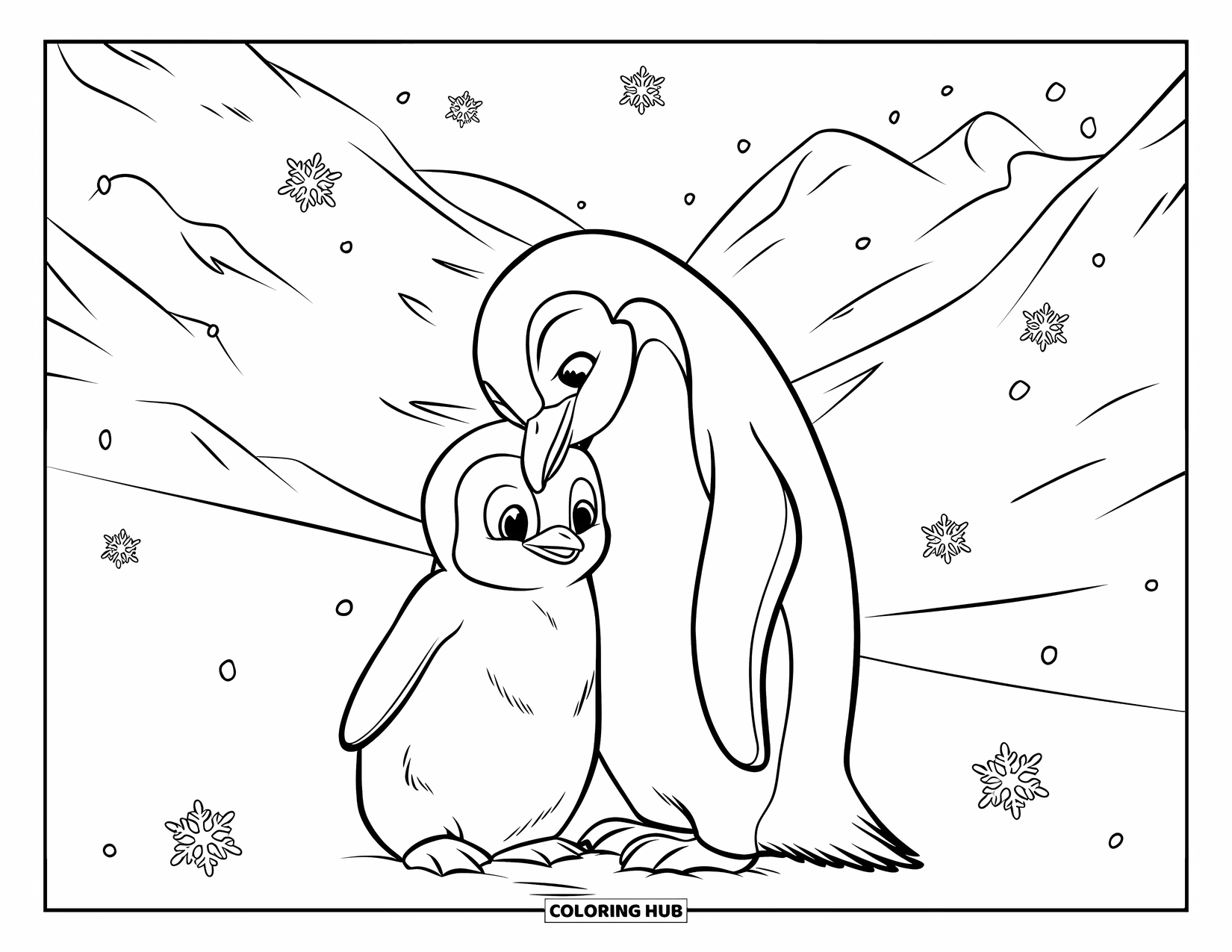 Kolorowanka z małym pingwinkiem dla dzieci: Mały pingwinek opiera się o rodzica na śnieżnym polu z górami w tle