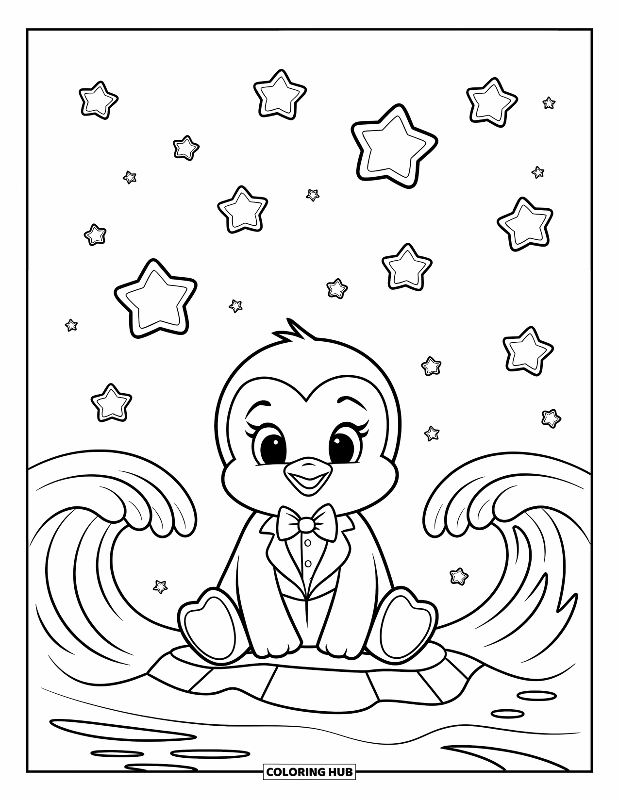 Kolorowanka z małym pingwinkiem dla dzieci: Mały pingwinek odpoczywa na skale w oceanie, wpatrując się w gwiazdy na nocnym niebie