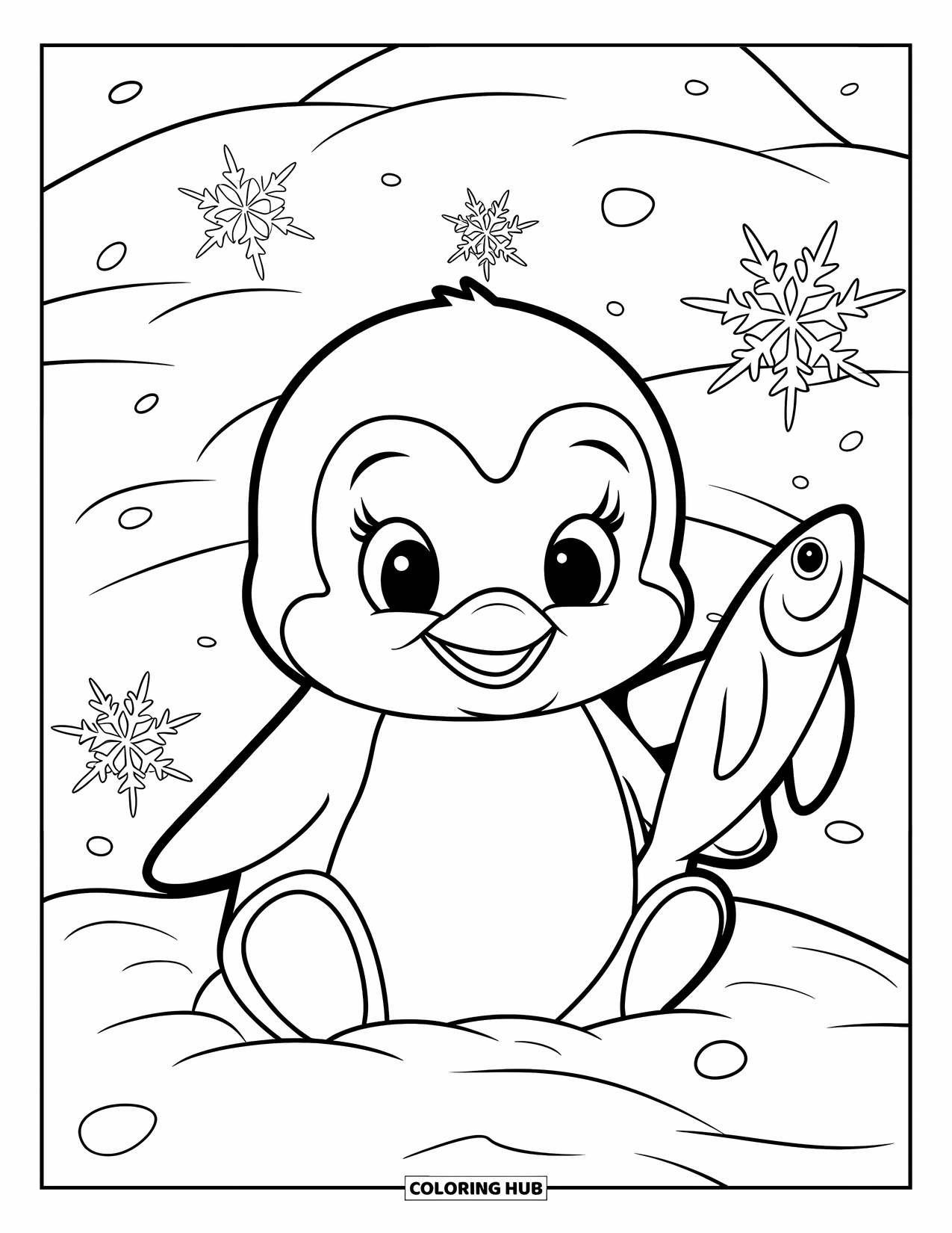 Kolorowanka z małym pingwinkiem dla dzieci: Mały pingwinek siedzi w śniegu z rybą, a jego stopy są wsunięte w puszysty śnieżny brzeg